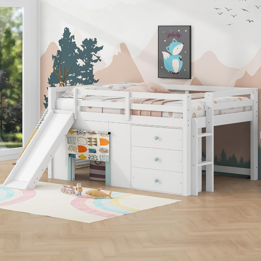 JIVOIT Wooden Low Loft Bed with Slide, Full Size Loft Bed with Three Storage Drawers and Two Doors, Wood Slat Support, No Box Spring Required