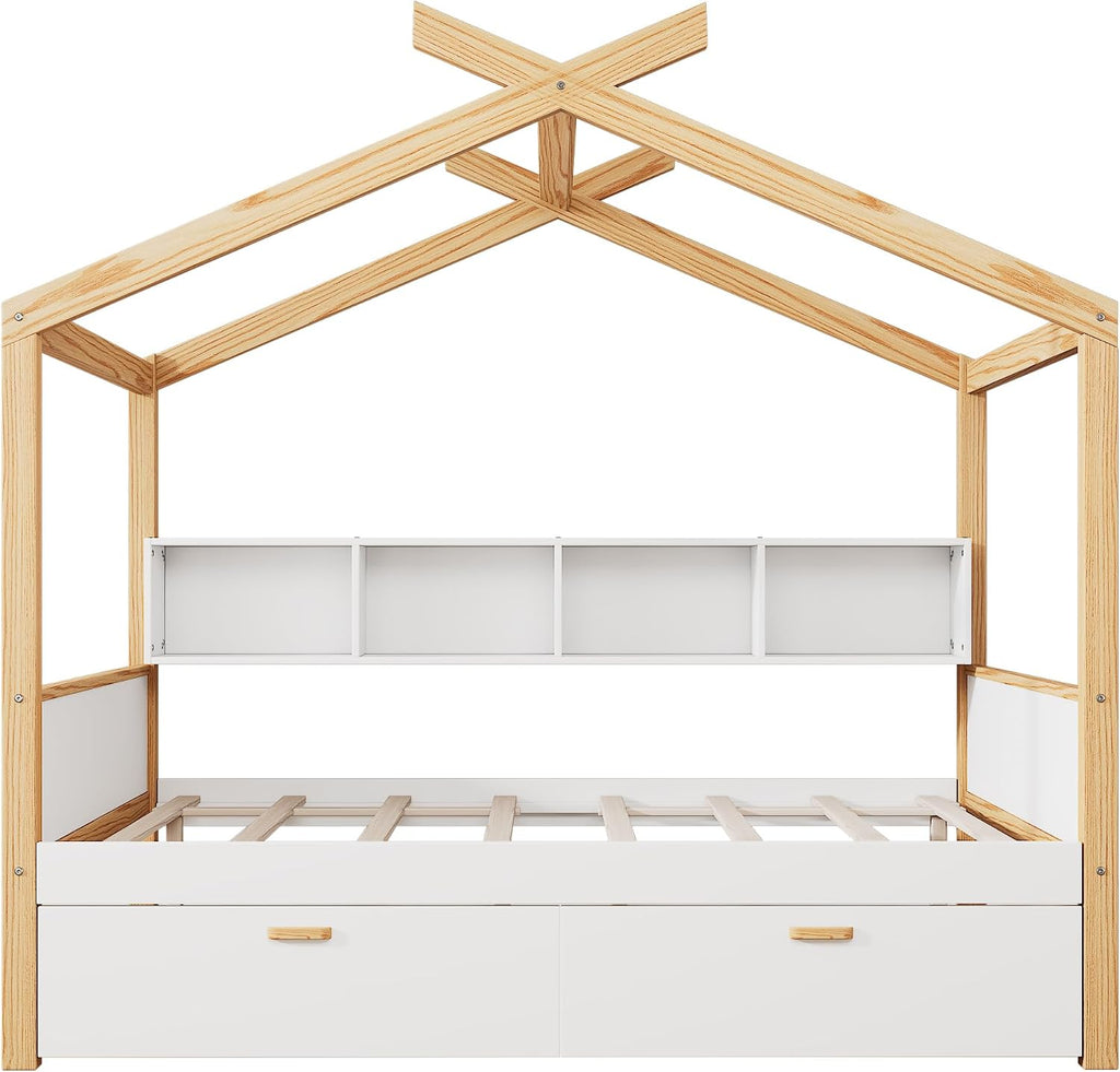 Virubi Full Size Wood House Bed for Kids, Wood Frame Daybed with Twin Size Trundle and Open Bookshelf for Boys Girls Teens Children Bedroom Guest Room (White+Trundle, Full)