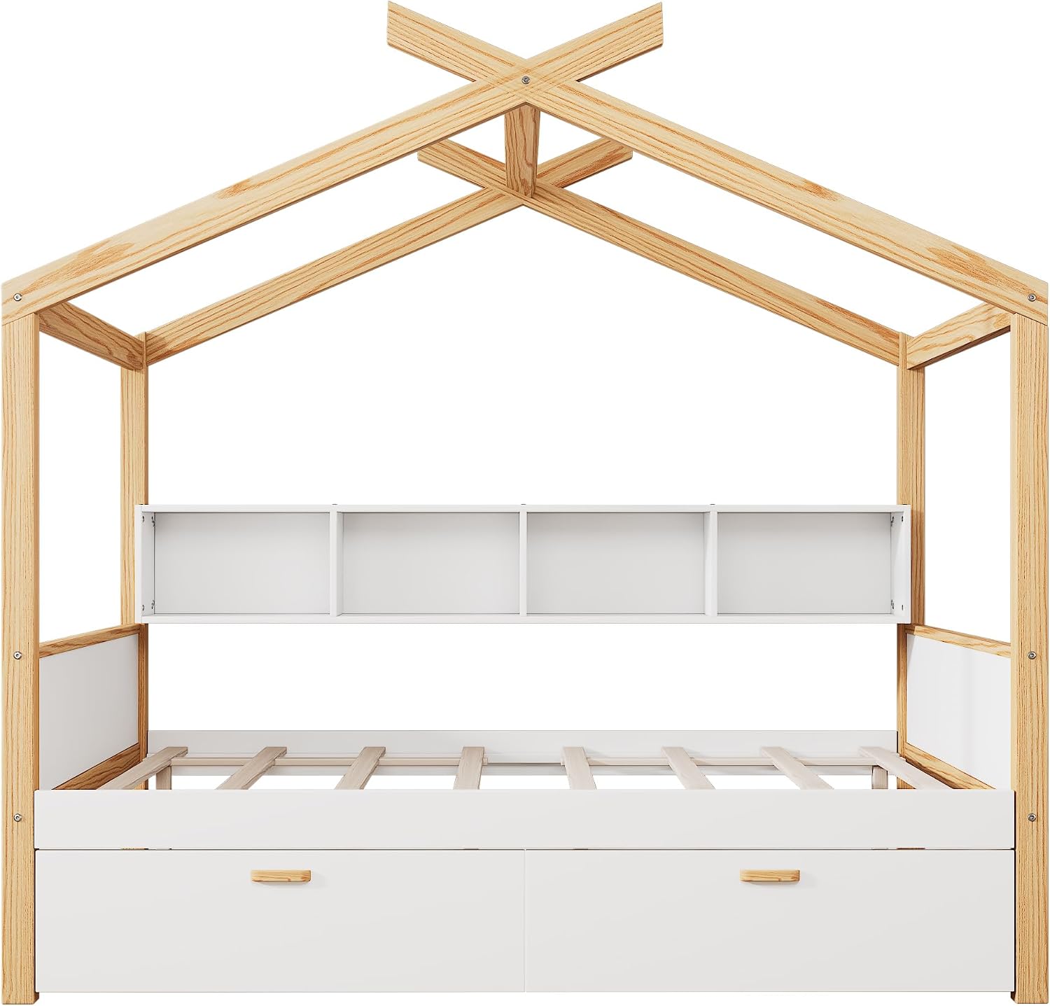 Virubi Full Size Wood House Bed for Kids, Wood Frame Daybed with Twin Size Trundle and Open Bookshelf for Boys Girls Teens Children Bedroom Guest Room (White+Trundle, Full)