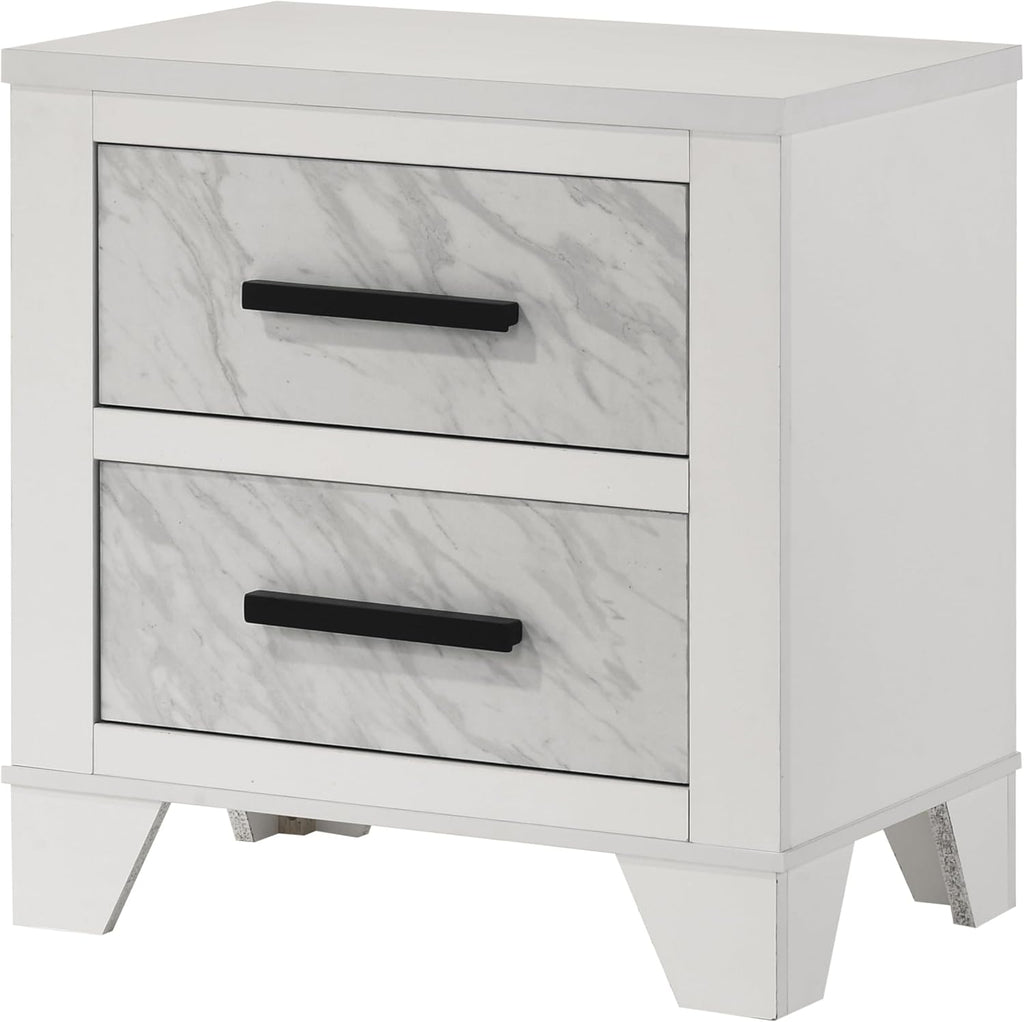 Furniture of America Anton Modern Solid Wood 6-Piece Bedroom Set with Faux Marble Headboard Bed, Metal Center Glide on Nightstands, Chest and Dresser with Mirror, Box Spring Needed, Full, White