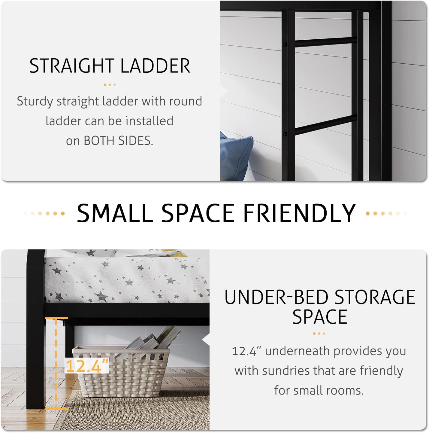 SHA CERLIN Loft Bunk Bed Twin Over Full Size with Ladder and Guardrail,Heavy Duty Metal Slats Support No Box Spring Needed Small Space Saving Furniture for Bedroom Dorm,Black