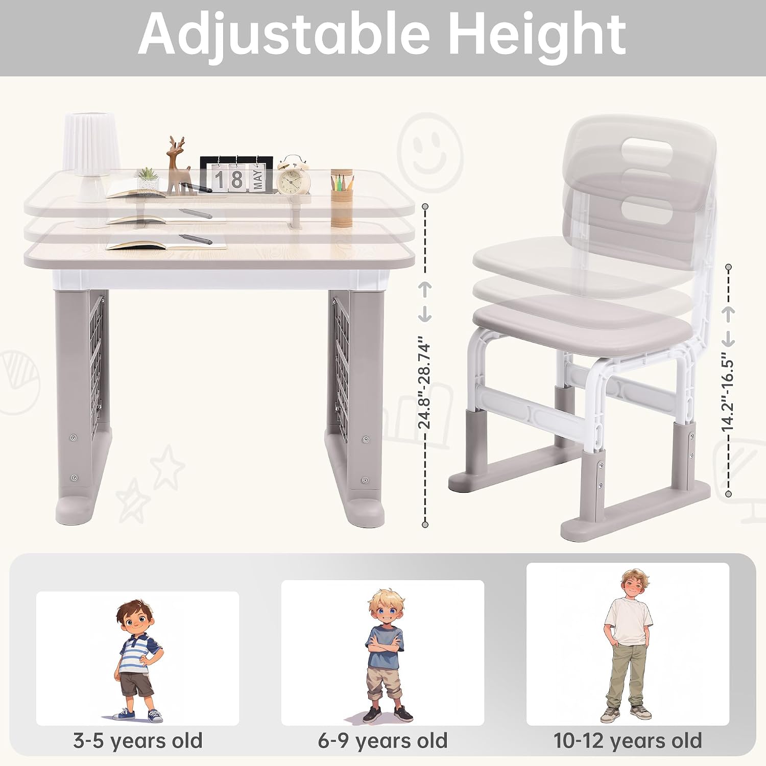 GITAWUSA Kids Desk and Chair Set, Height Adjustable Childrens Study Desk, Graffiti Table for 3-12 Years, Kids Art Table with Side Bookshelf and Storage, Multi-Functional for Bedroom & Study Room(Grey)