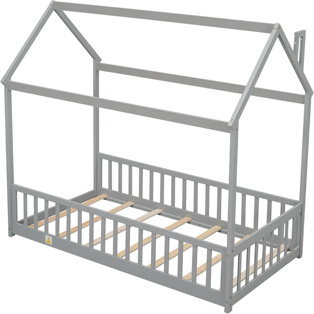 Twin Floor Bed with Slats, Twin Floor Bed for Children, Wooden Montessori Bed with Fence, House Bed for Boys Girls Bedroom - Grey