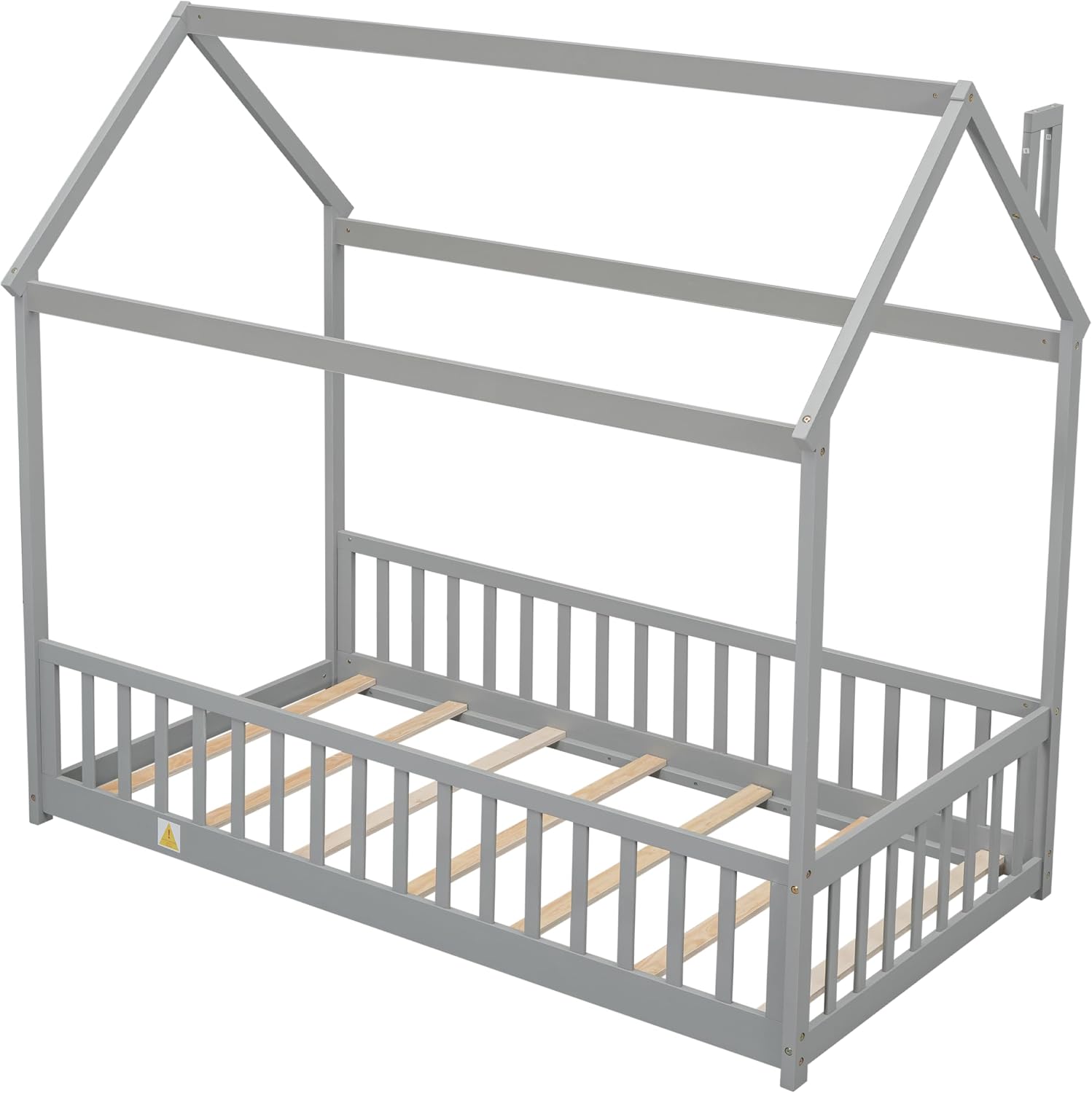 Twin Floor Bed with Slats, Twin Floor Bed for Children, Wooden Montessori Bed with Fence, House Bed for Boys Girls Bedroom - Grey