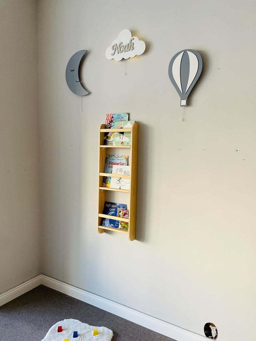 3 Tier Natural Wood Handmade Montessori Kids Bookshelf Wall Mounted Children Bedroom, Nursery (Narrow 13' Width, Chestnut)