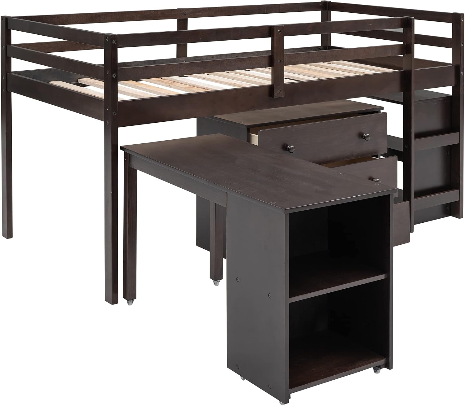 Twin Size Low Loft Bed with Rolling Portable Desk, Wooden Loft Bed with Cabinet/Bookshelf/Drawers/Open Shelves for Kids Teens Adults, No Box Spring Required (Espresso-Twin-Rolling Portable Desk)