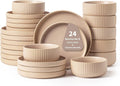 FOBENTA Handcrafted Dish Set for 8,24 Piece Rustic Brown Ceramic Plates and Bowls Set – Vintage-Inspired Dinnerware Sets for Hosting & Everyday Warmth