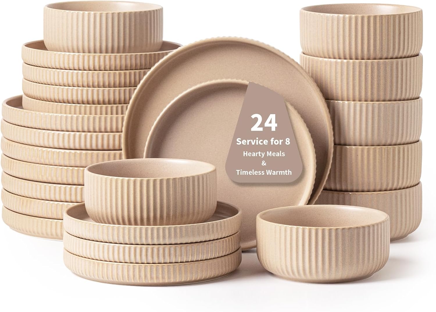 FOBENTA Handcrafted Dish Set for 8,24 Piece Rustic Brown Ceramic Plates and Bowls Set – Vintage-Inspired Dinnerware Sets for Hosting & Everyday Warmth