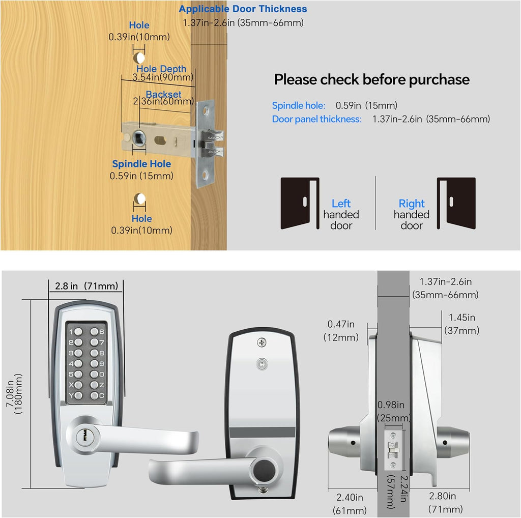 Mechanical Entry Door Lock, 14 Digital keypad,Weatherproof deadbolt with Handle, Security Heavy Duty Outdoor Lock Without Electronic, Easy Installation, for Home, Yard-gate, Office, Chrome