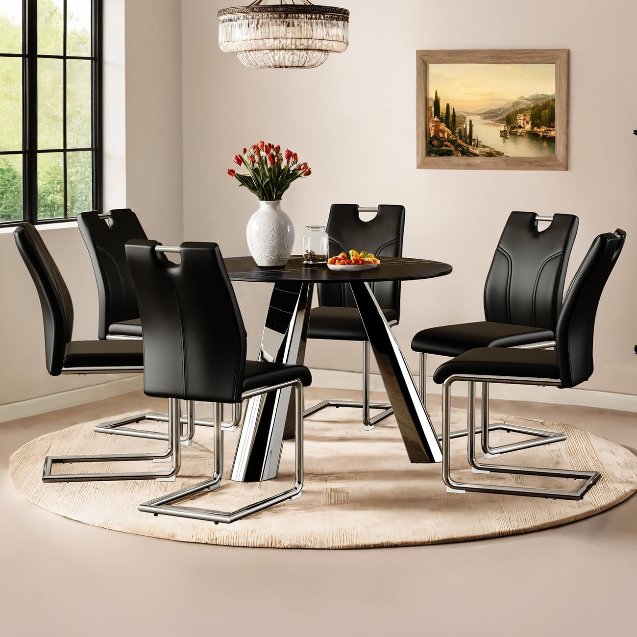 Dining Chairs Set of 6 Modern PU Kitchen Chairs with High Back,Soft Cushion Chrome Metal Legs for Dining Room,Living Room, Bedroom (Black+Silver, Set of 6)