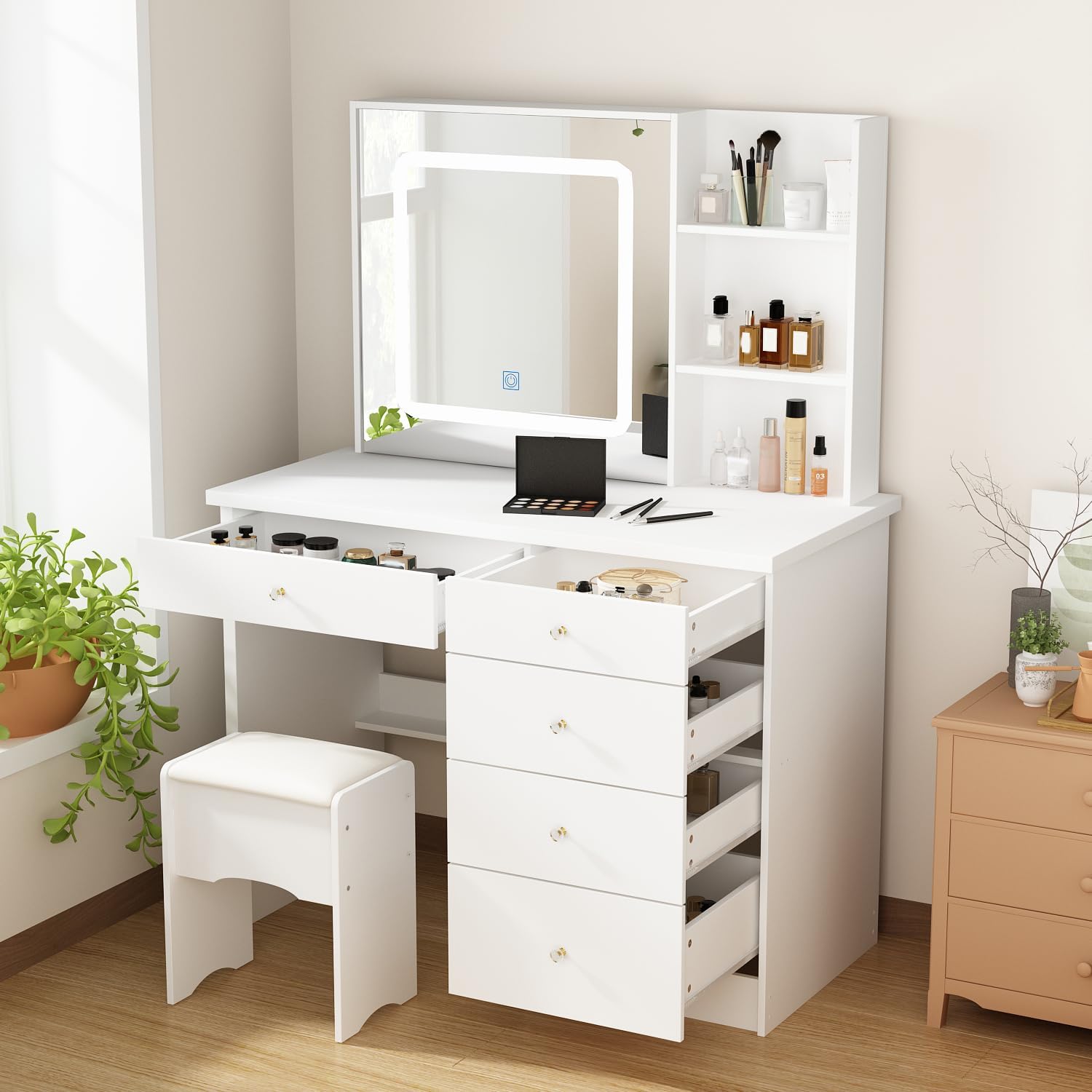 Vanity Desk Set with Lighted Mirror, Makeup Vanity with Drawer & Shelf, Dressing Table with Cushion Stool, Vanity Set for Bedroom, White