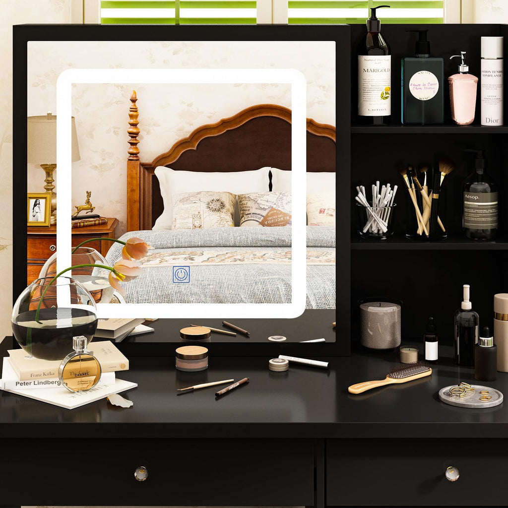 Vanity Desk Set with Sliding Lighted Mirror, Makeup Vanity with Drawer & Shelf, Dressing Table with Cushion Stool & Hidden Storage for Bedroom, Black