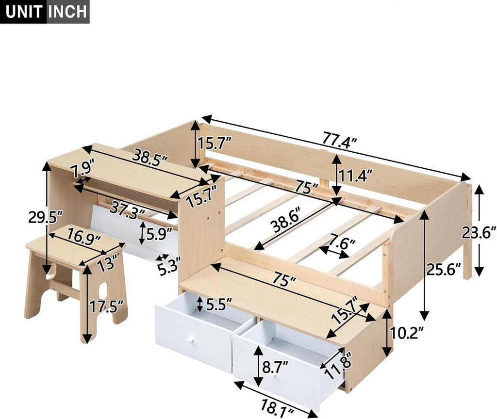 Functional Design Twin Size Platform Bed Daybed with 2 Drawers and 1 Chair&Desk Set, Solid Wood Daybed Frame with Full-Length Guardrails for Kids Boys Girls, Sturdy Slat Support (Natural+White)