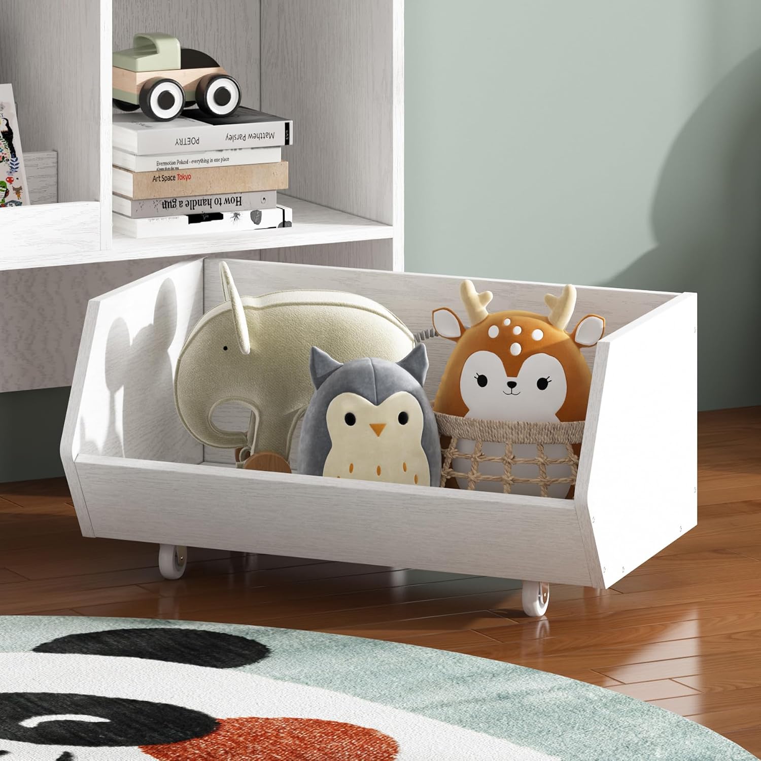 ZOPEND Kids Bookshelf and Toy Storage Organizer with 2 Rolling Bins, 5-Tier Open Wooden Bookcase for Children's Bedroom Playroom Nursery, Montessori Toddler Book Shelf with Display Rack, White