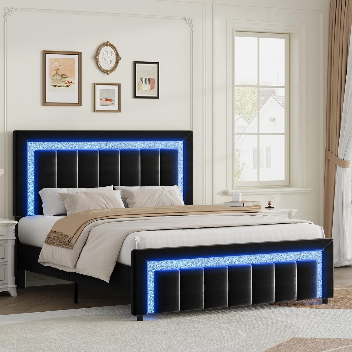HOMBCK Full Size Bed Frame with LED Lights and Velvet Upholstered Adjustable Headboard, Bed Frame Full with Diamond Headboard & Footboard, Wood Slats Support, Noise Free, No Box Spring Needed, Black