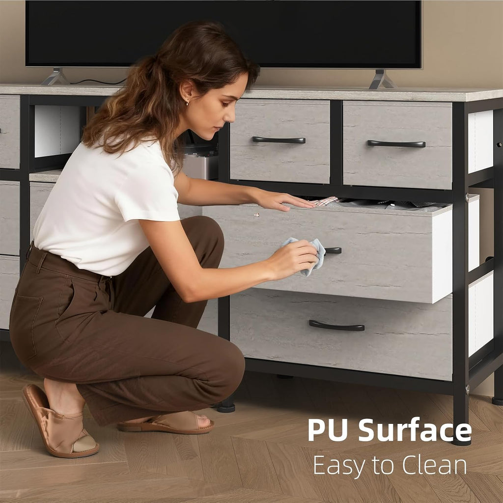 White Dresser for Bedroom with LED Lights and Power Outlets, 55' TV Stand with 10 Drawers & Open Shelves, Fabric Chest of Drawers with PU Finish, Metal Frame, Wood Top (Greige)