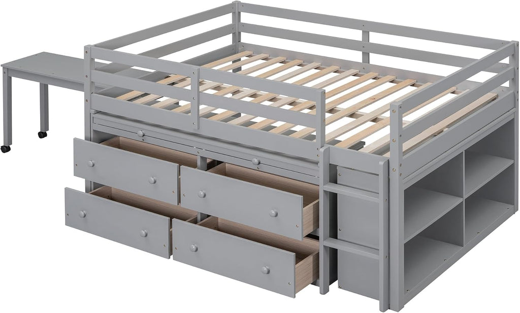 JIVOIT Full Size Low Loft Bed with Retractable Writing Desk, Storage Bed with 4 Drawers and Shelves, Wooden Loft Bed with Lateral Portable Desk for Kids Teens Adults Bedroom (Gray,Full,9)
