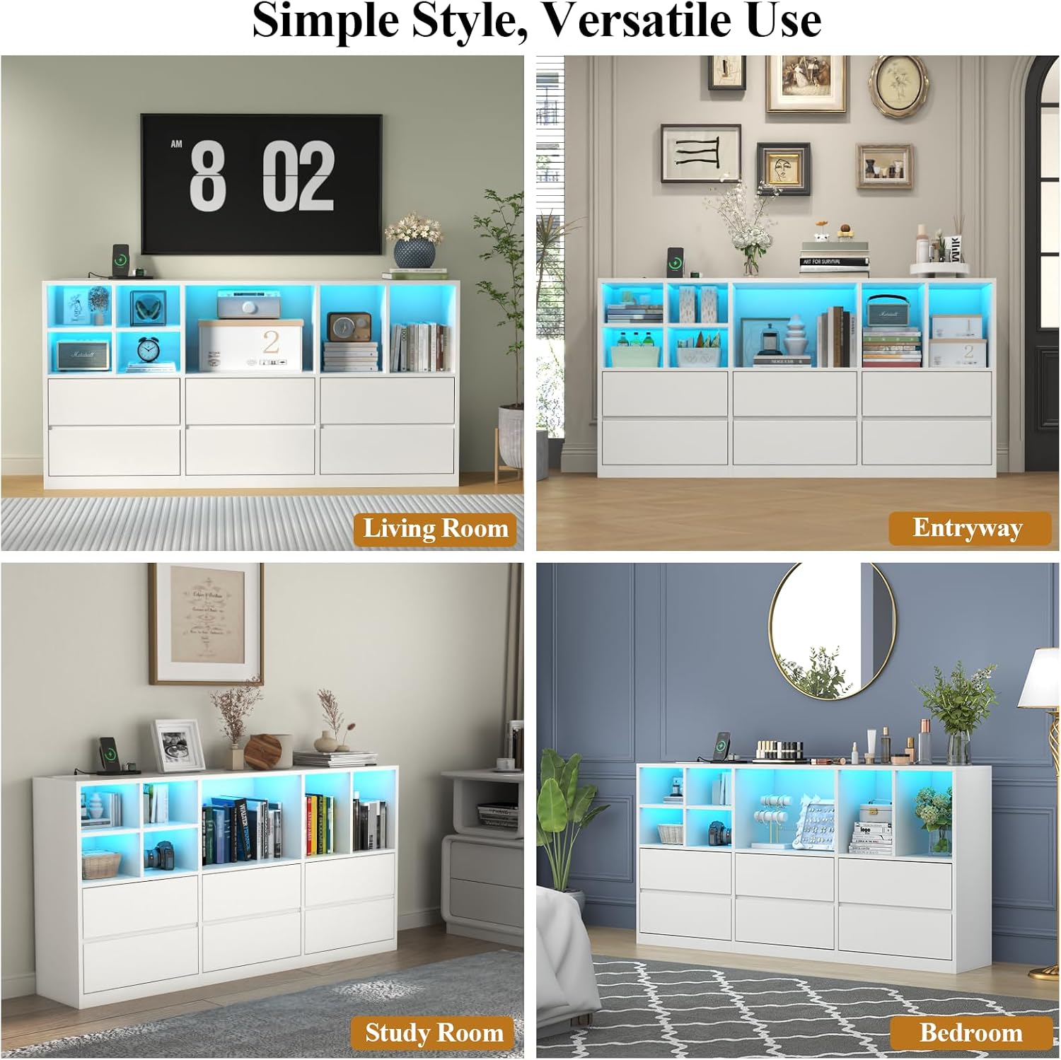 6 Drawers Dresser with 7 Storage Cubbies, LED Chest of Drawers with Power Outlet, 63' Triple Wide Long Dresser Organizer for Bedroom, Modern TV Stand with Open Shelf for Living Room, Entryway (White)