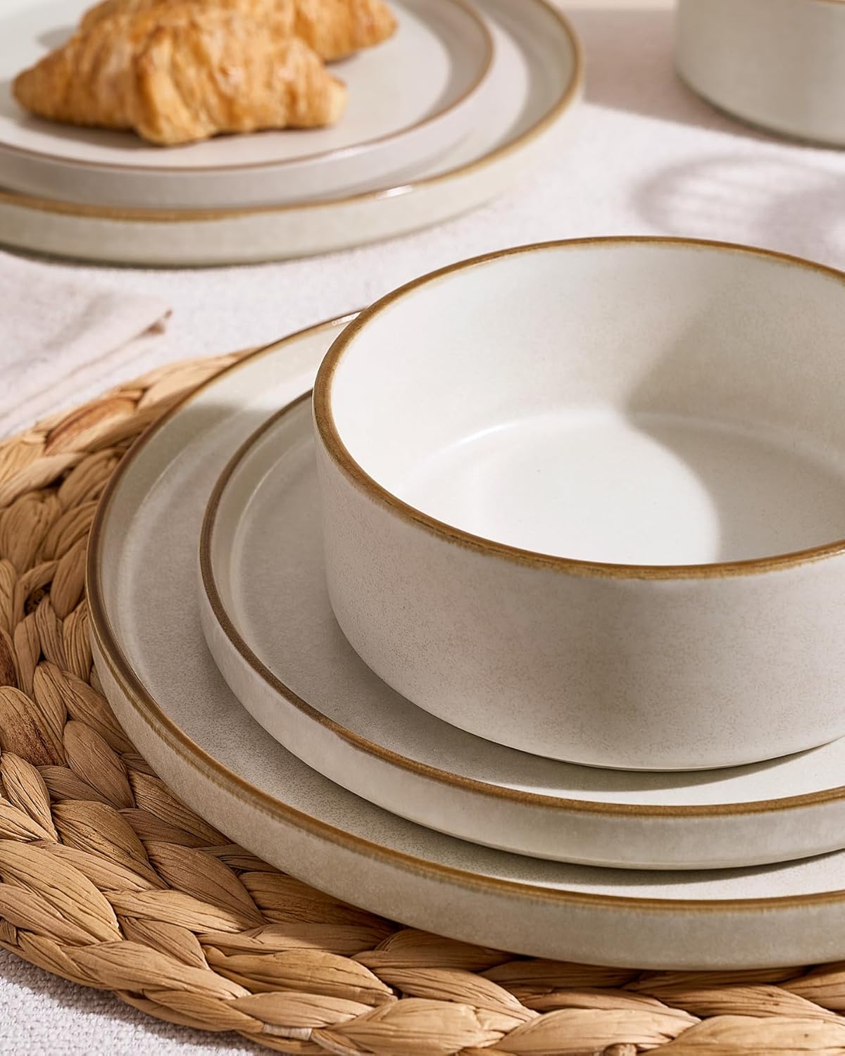 Famiware Nebula Plates and Bowls Sets, 24 Pieces Stoneware Dinnerware Sets, Reactive Glaze Dish Set, Dishes Set for 8, Matte Beige White with Brown Rim