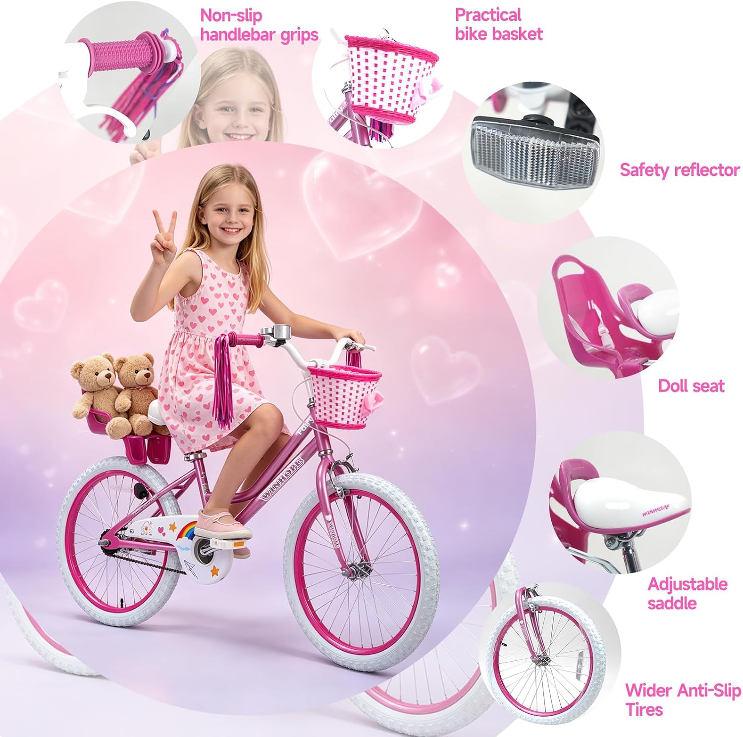 WinHope Girls Bike with Doll Seat, 12 14 16 18 20 Inch Kids Bike for 2-12 | Dual Brake with Training Wheels / Kickstand & Streamers Birthday Gift for Toddler Outdoor Riding, Multiple Colors