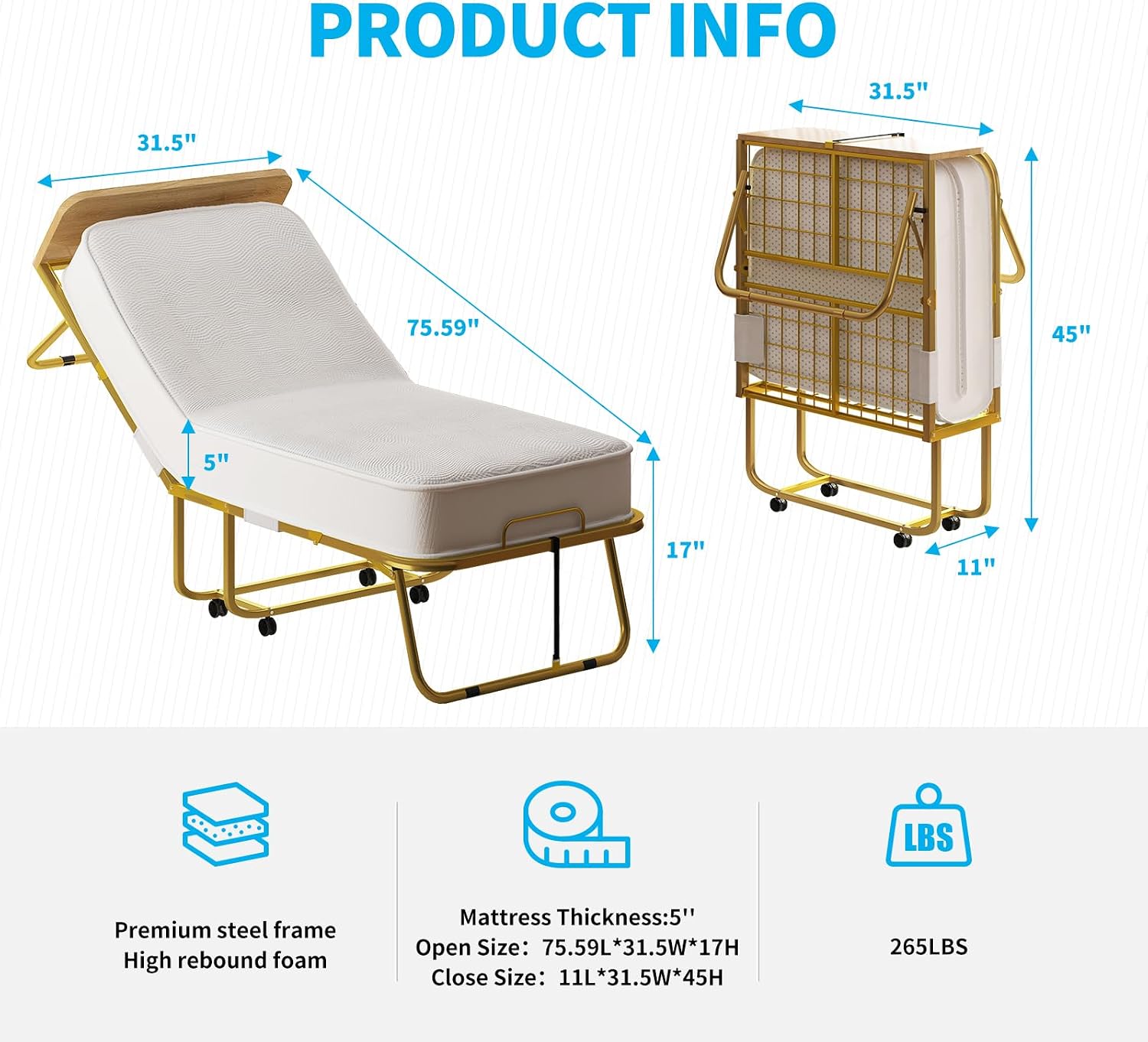 PUREMIND Roll Away Beds with Mattresses for Adults，'75' x 31'' Single Folding Bed Portable Foldable Bed,Metal Frame with Dust Cover and Baffle, Perfect for Bedroom, Apartment, or Office