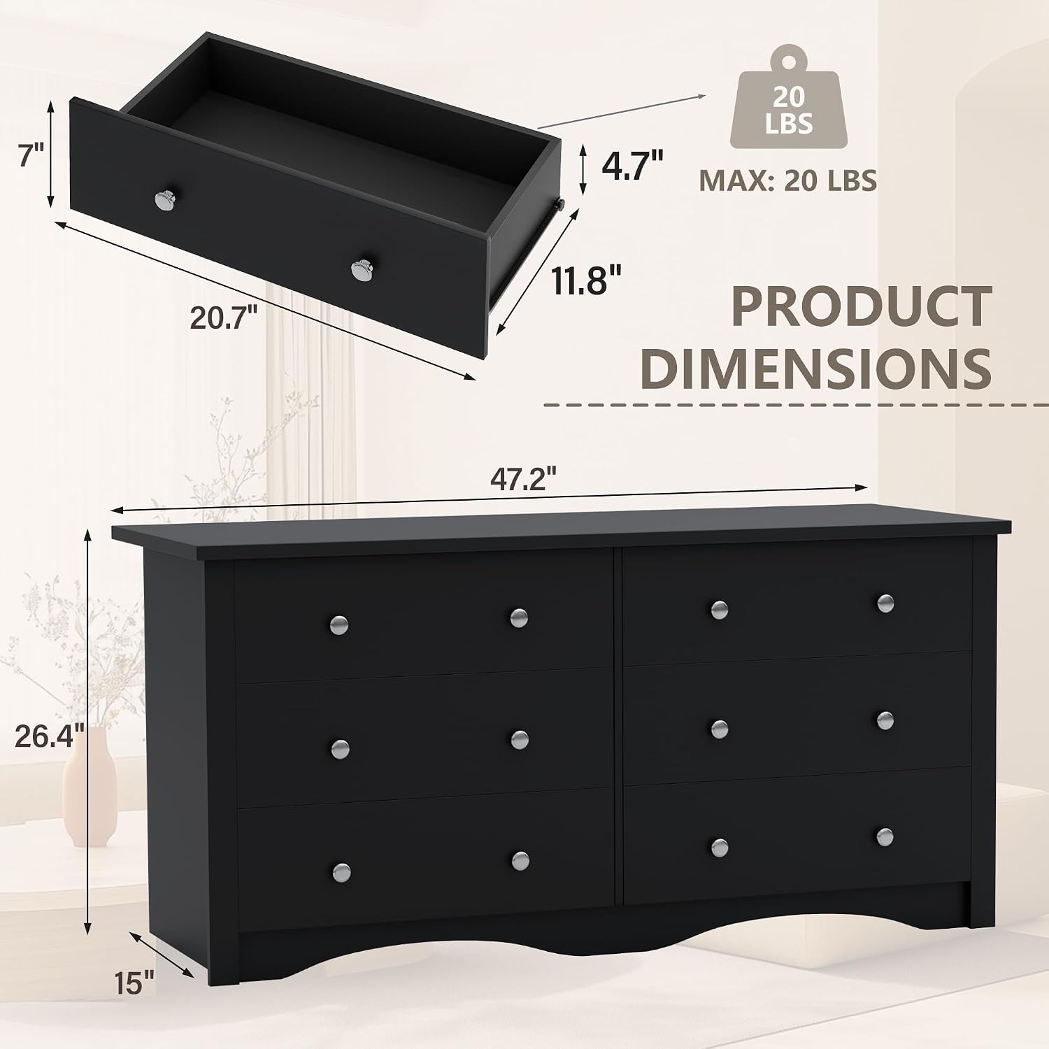 YESHOMY Dresser for Bedroom,6 Drawer Dressers, Storage Chest of Drawers for Hallway,Living Room, Entryway,Deep Black