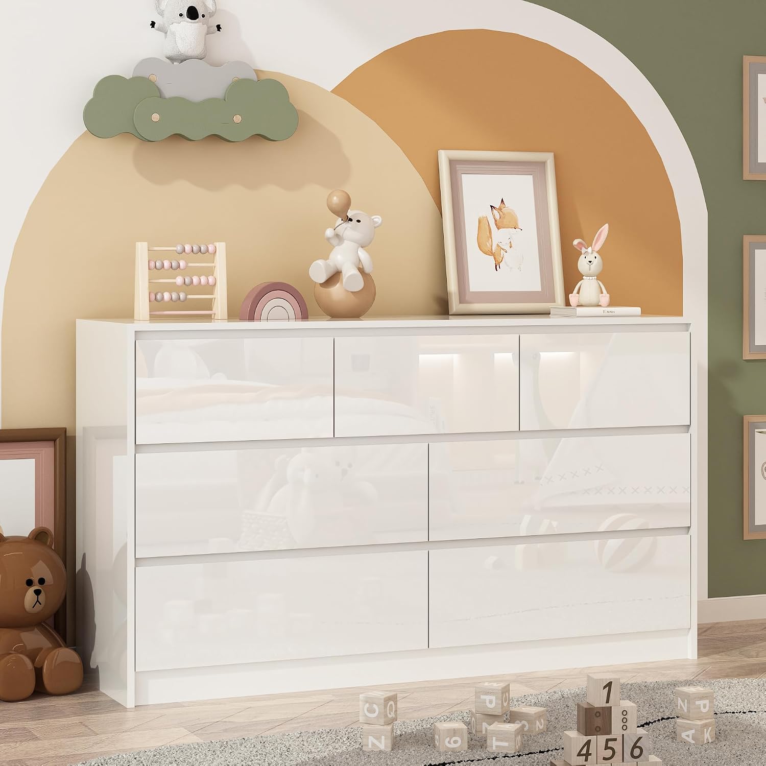 jiteentarou White Malm Dresser for Bedroom, 55 Inch Full High Gloss Dresser with 7 Drawers, Modern Large Wood Chest of Drawer Handle Free, Living Room, Entryway, Hallway, White