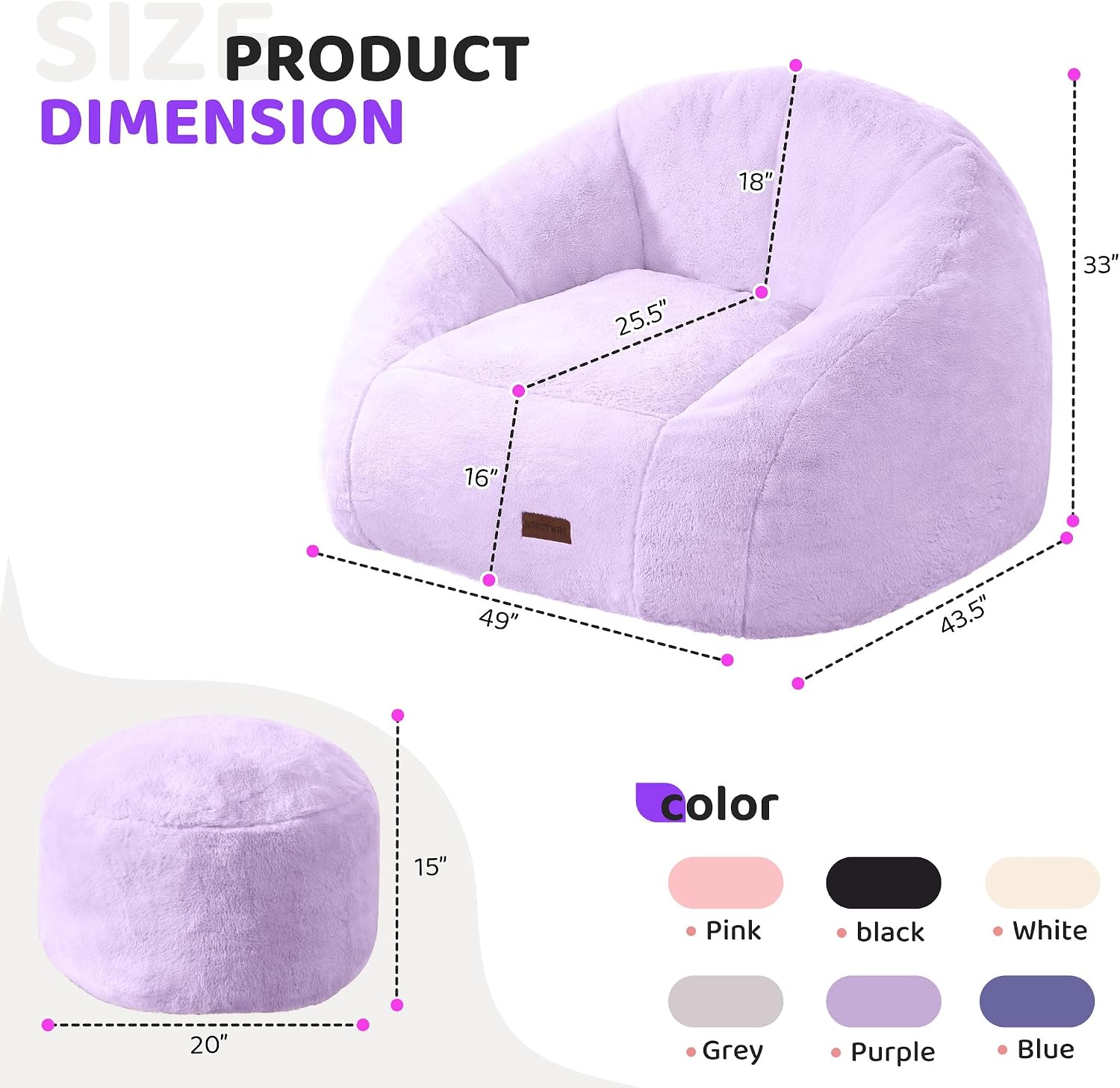 HABUTWAY Bean Bag Chair, Giant Bean Bag Chairs for Adults with Ottoman, Comfy Faux Fur Shell-Shaped Bean Bag Couch, Sofa Chair for Living Room, Bedroom, Purple