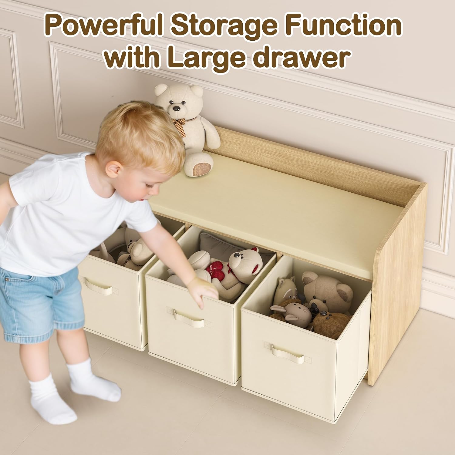 Kids Reading Nook Bench with 3 Drawers and Seat Cushion - Large Capacity Toddler Reading Corner，Kids Storage Bench