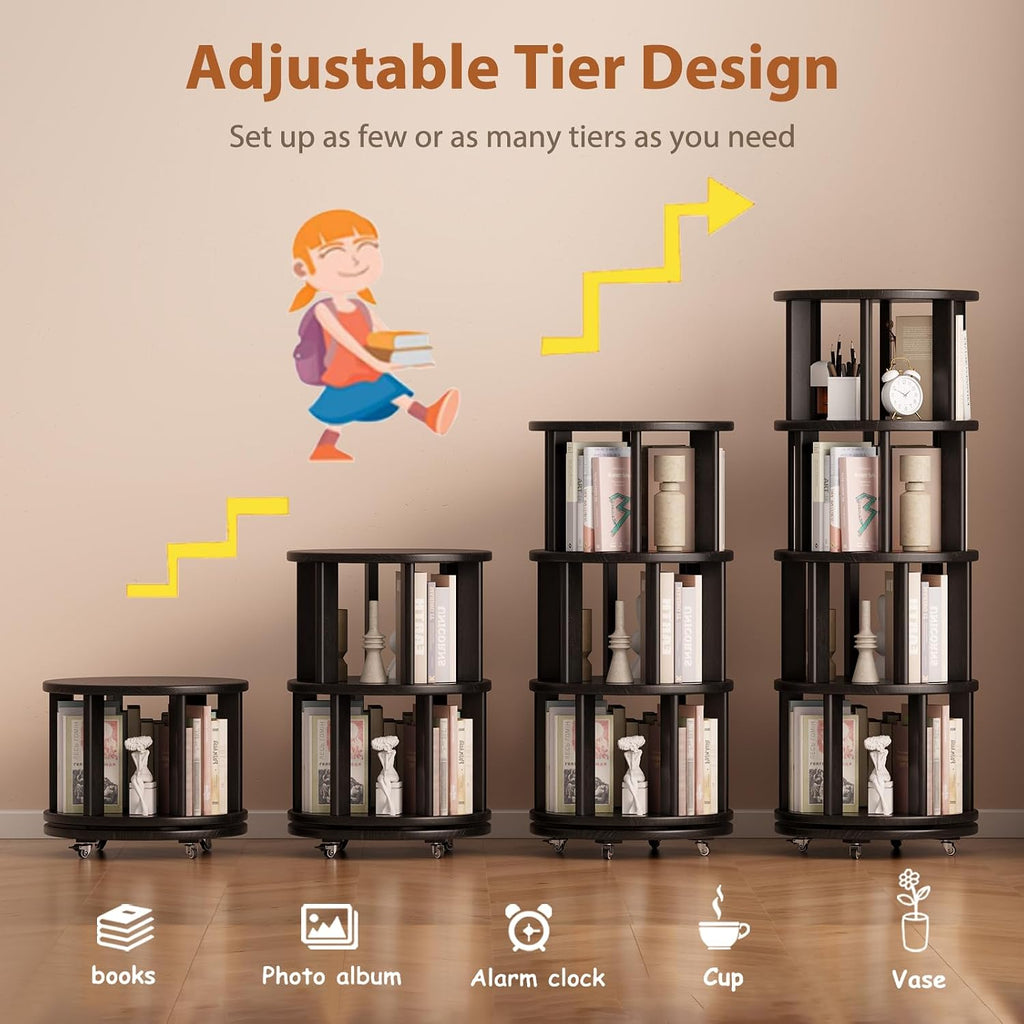 Muwuele Solid Wood Rotating Bookshelf on Wheels, 4 Tier, Round Revolving Bookcase, 360° Spinning Book Shelf Tower for Kids, Narrow Rolling Bookshelves for Small Space, Corner, Bedroom, Office, Black