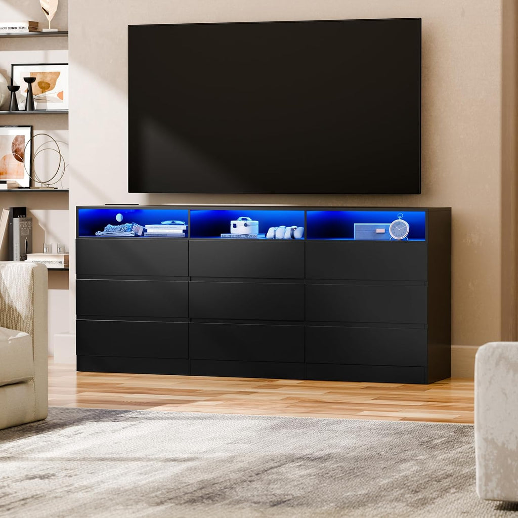 STIKELY 9 Drawer Dresser for Bedroom with Power Outlet and LED Light, Black Dresser Chest of Drawers for Closet, Modern Dressers Organizer Cabinet for Living Room, Entryway, Hallway (Black)