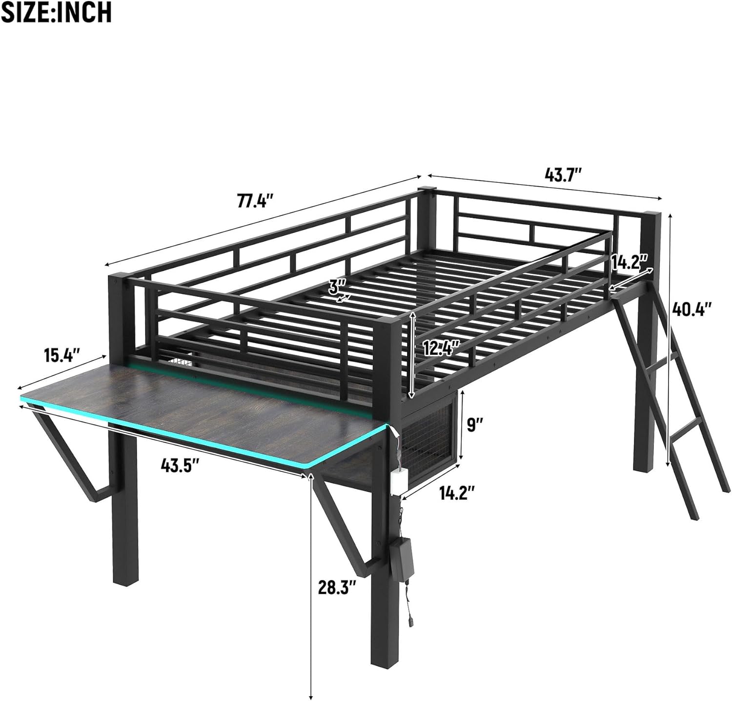 Twin Size Mid Metal Loft Gaming Bed with Desk and LED Lights, Modern Steel Loft Bed Frame with Inclined Ladder and Safety Guardrail for Kids Teens Girls Boys, No Box Spring Needed (Black-08, Twin)