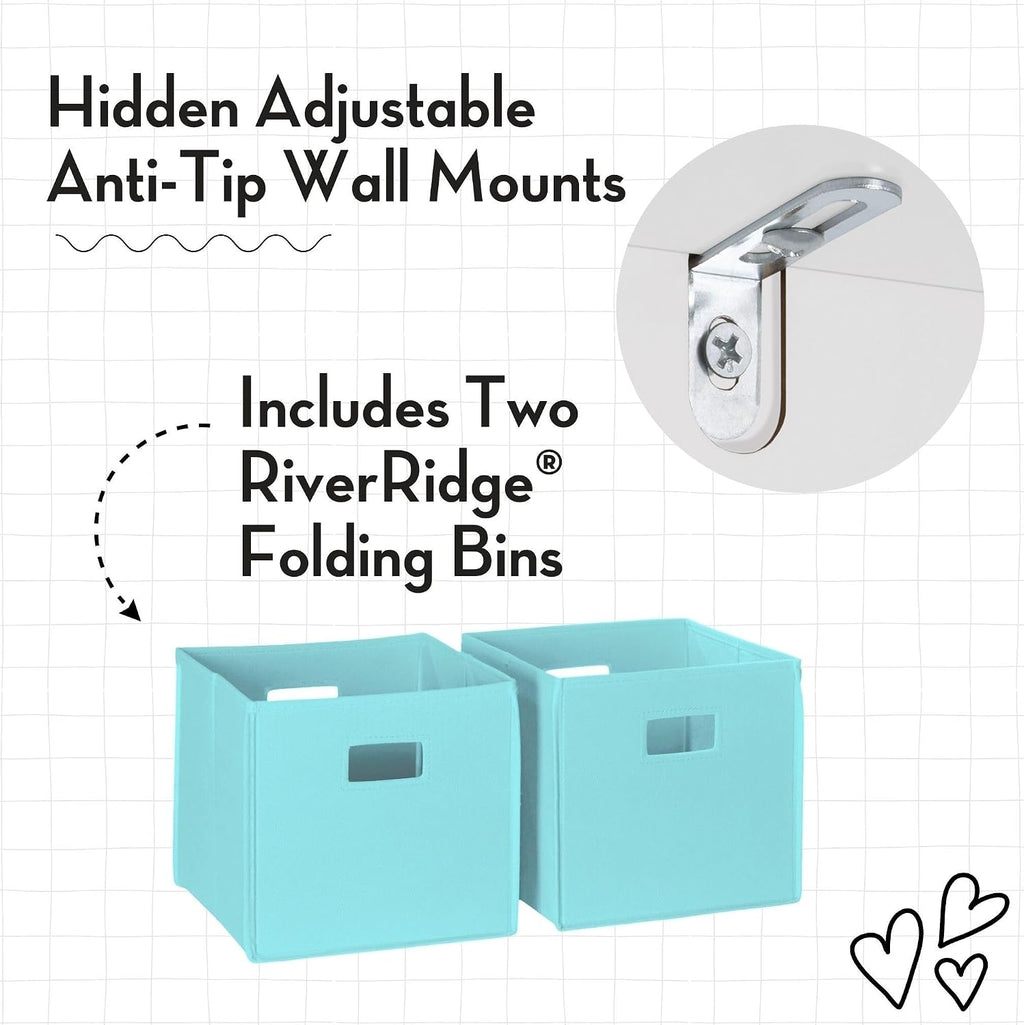 RiverRidge Kids Bookshelf with Veggie Storage Bin and 2 Open Shelves and 2 Aqua Fabric Bins - Kids Storage Organizer, Toy Shelf & Book Shelf