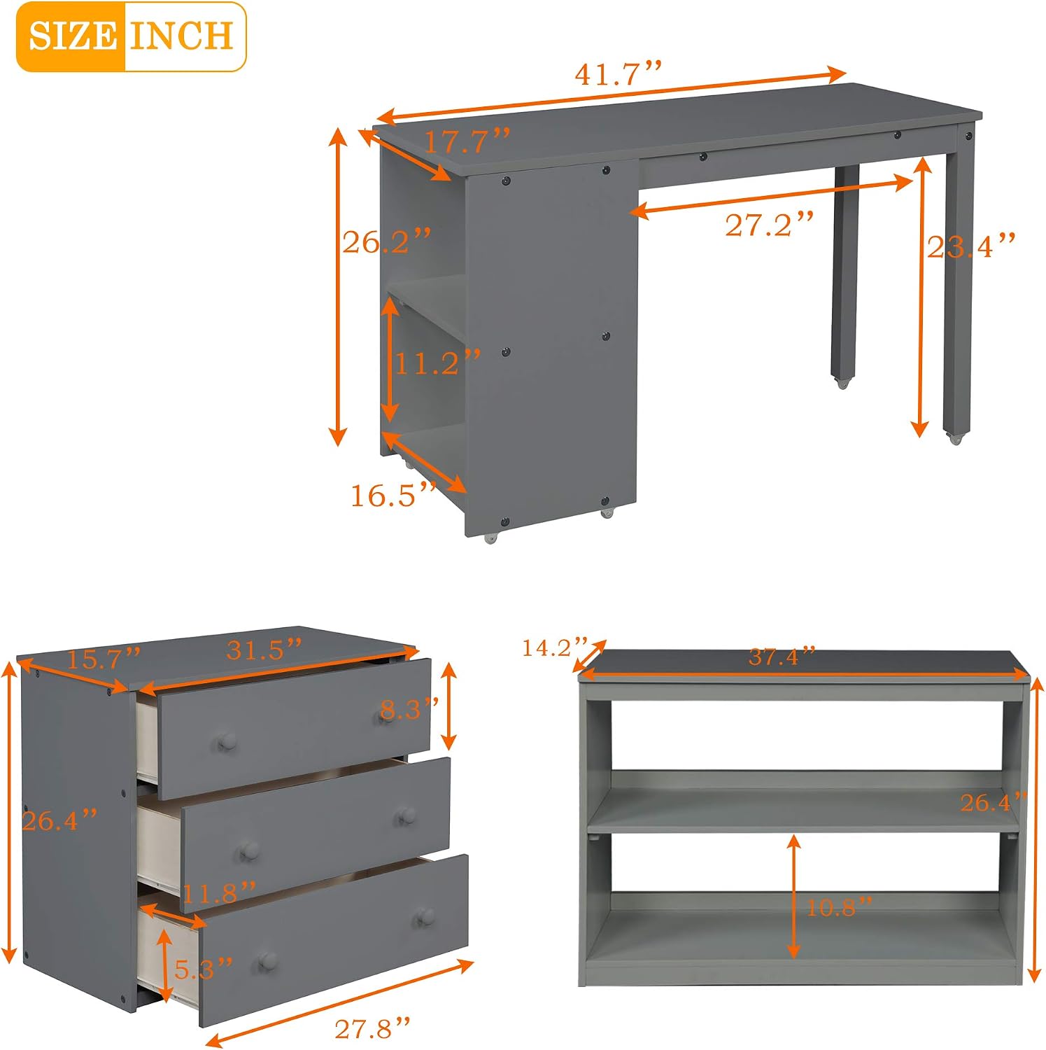 JIVOIT Twin Size Low Loft Bed with Rolling Portable Desk, Wooden Loft Bed with Cabinet/Bookshelf/Drawers/Open Shelves for Kids Teens Adults, No Box Spring Required (Gray-Twin-Rolling Portable Desk)