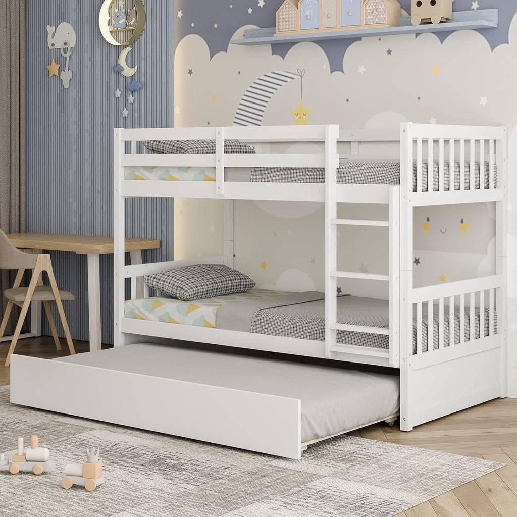 Giantex Twin Over Twin Bunk Bed with Trundle, Convertible Platform Bed Frame with Ladder & Solid Wood Frame, Space-Saving Bunk Bed for Teens & Adults, No Box Spring Needed, White