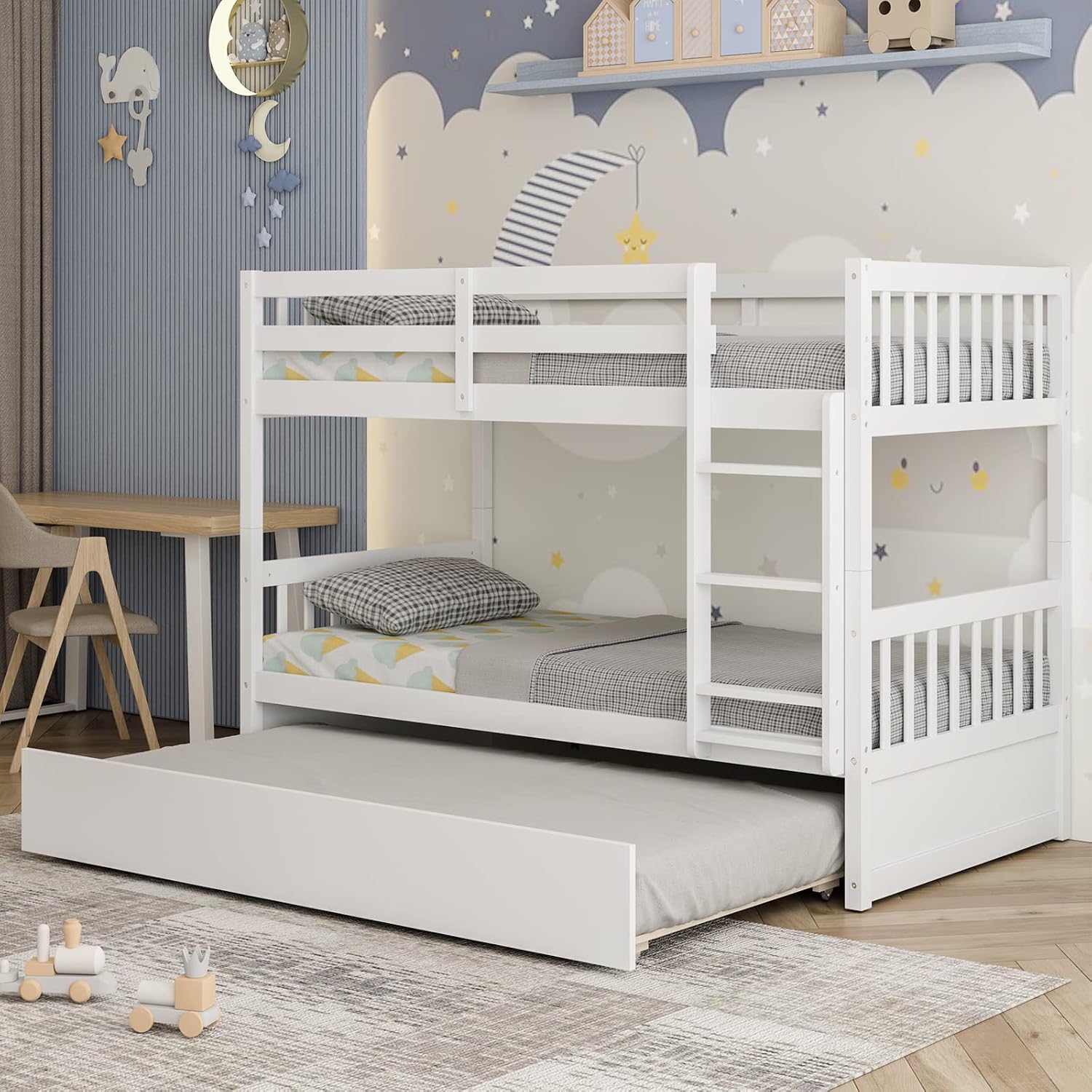Giantex Twin Over Twin Bunk Bed with Trundle, Convertible Platform Bed Frame with Ladder & Solid Wood Frame, Space-Saving Bunk Bed for Teens & Adults, No Box Spring Needed, White