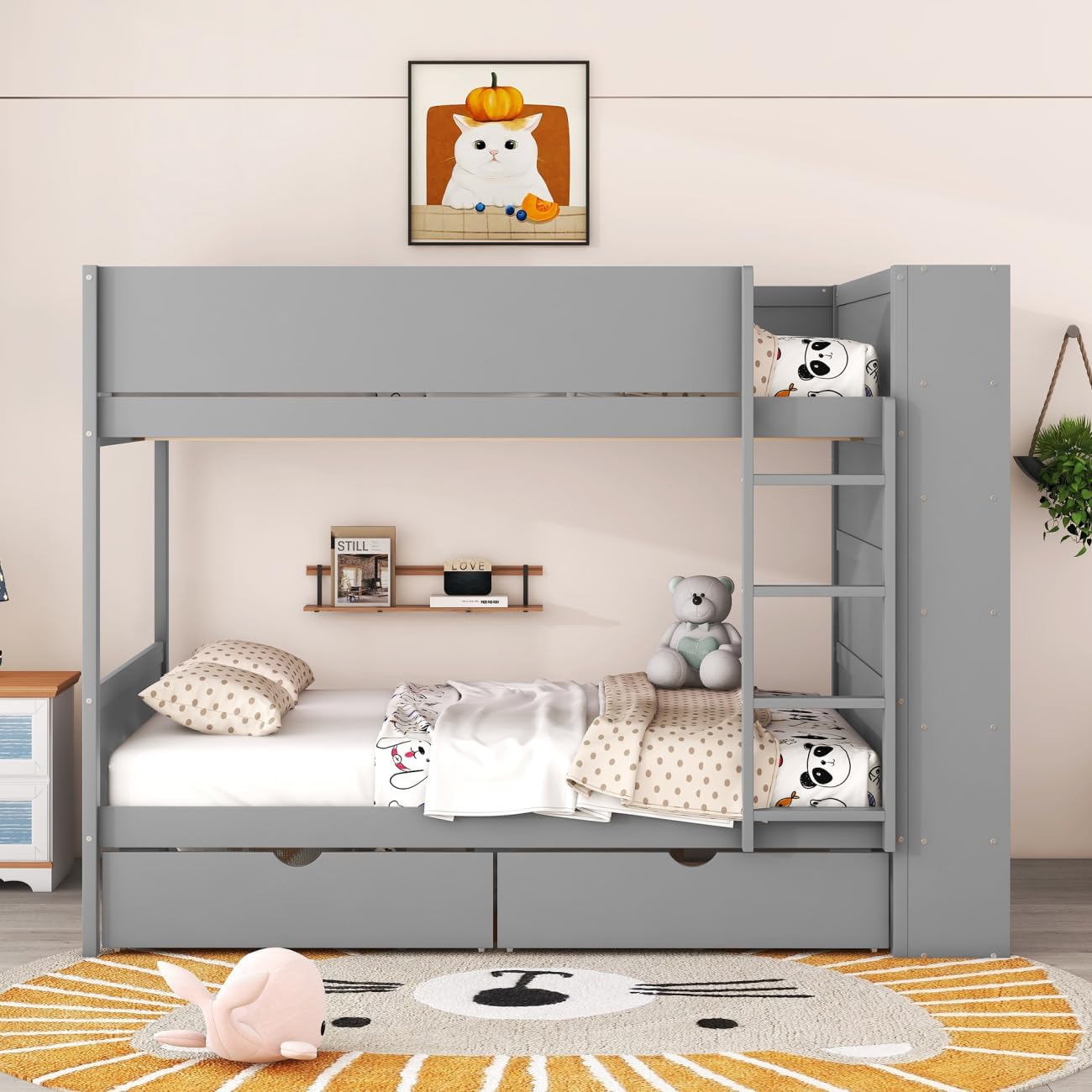 Full Over Full Bunk Bed with Bookcase and Drawers,Wooden All-in-one Furniture Set with Multi-Layer Cabinet for Kids Girls Boys-Gray
