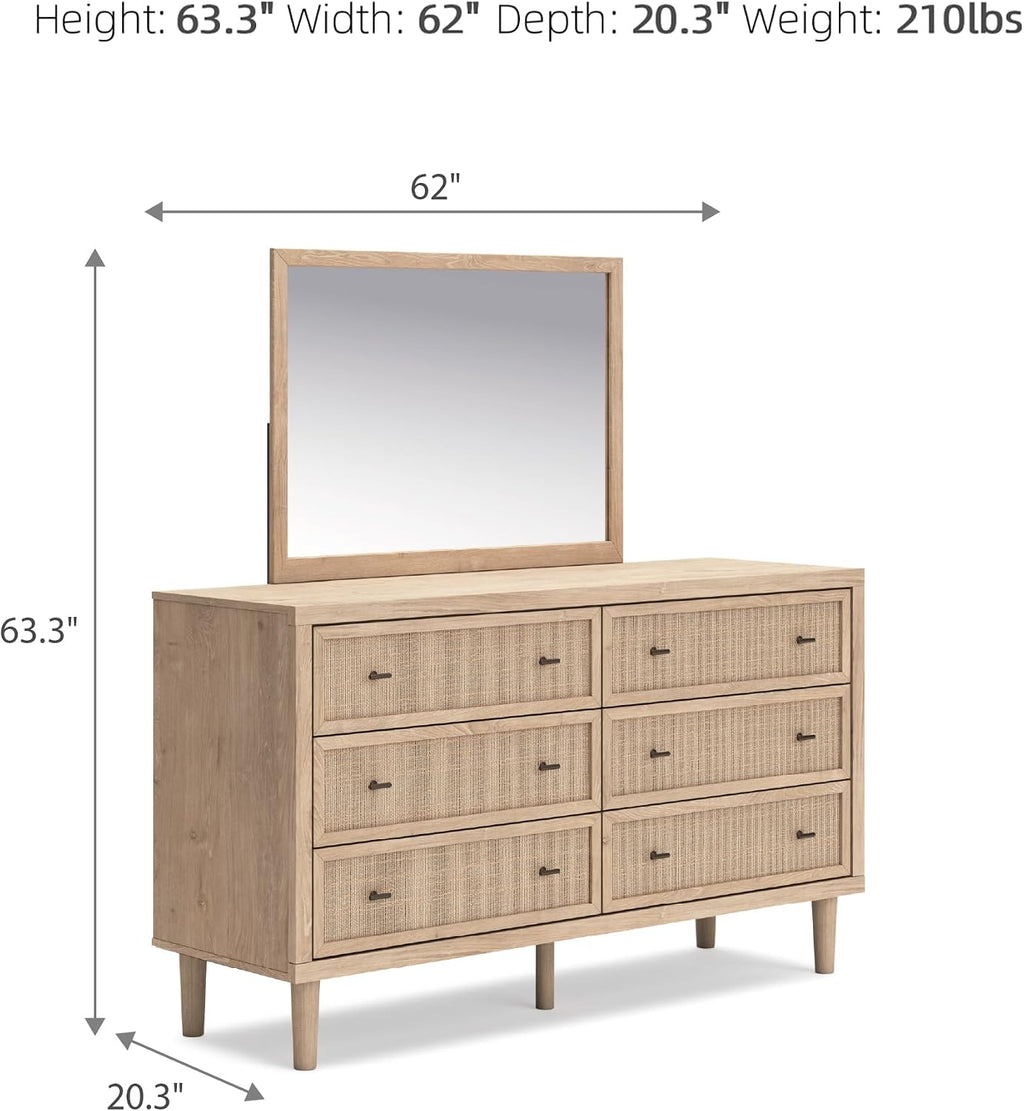 Signature Design by Ashley Cielden French Country 6-Drawer Dresser and Mirror with Safety Stop, Light Brown
