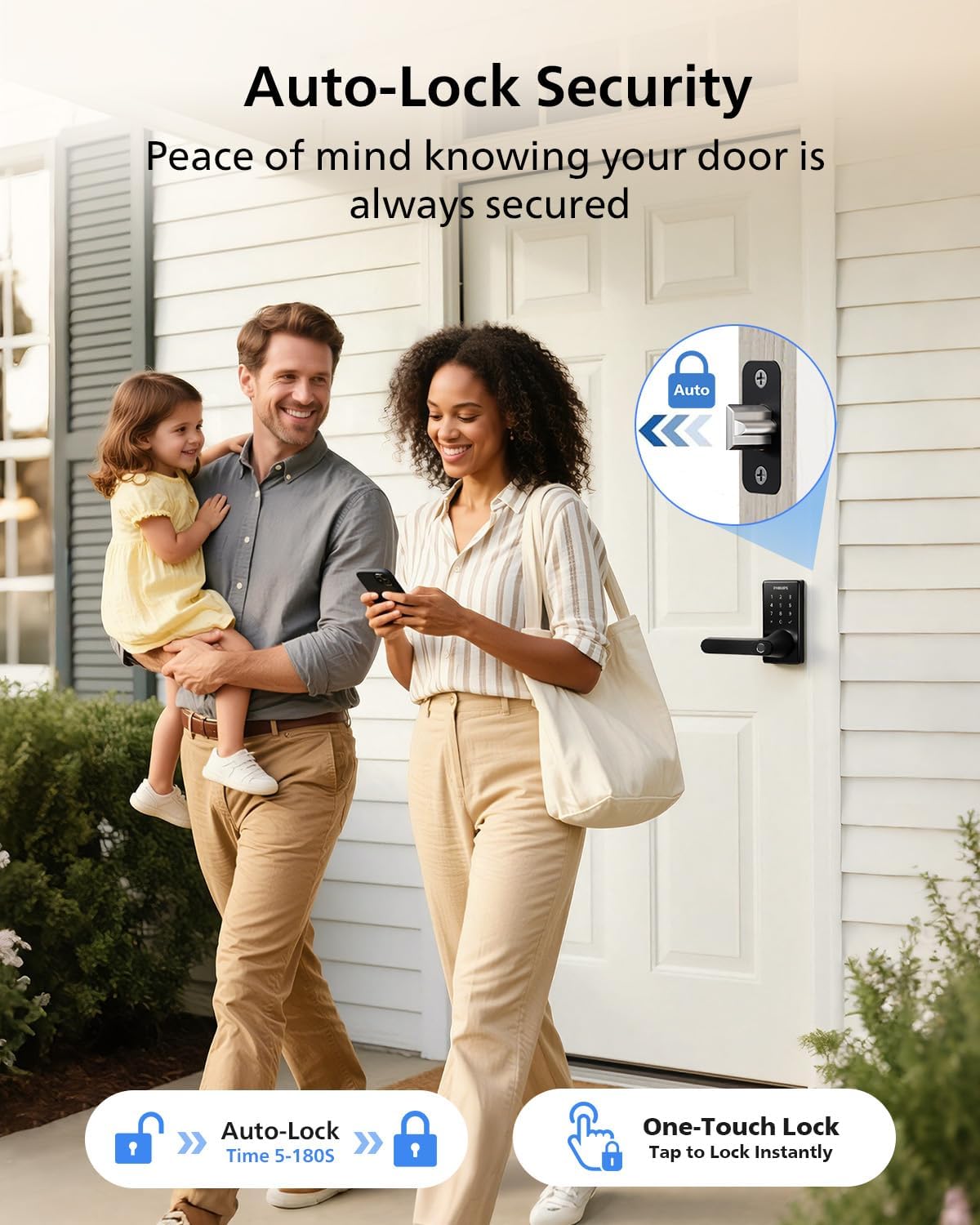 Philips Wi-Fi Smart Door Lock with Handle, Keyless Entry Door Lock, Fingerprint Door Knob, App Remote Control, Auto-Lock, Keypad Deadbolt with Lever for Front Door and Bedrooms, Security Easy Install