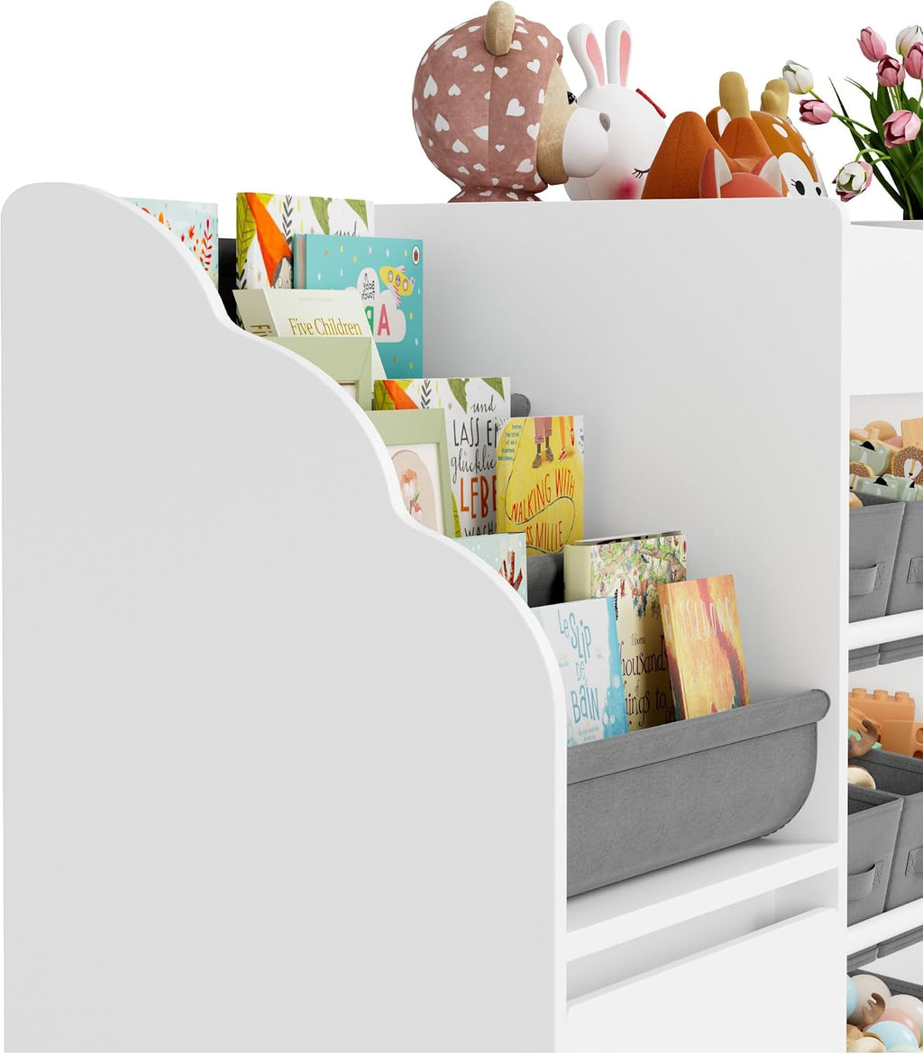 BOTLOG 62.2 inches Toy Storage Organizer and Kids Bookshelf, Toy Organizer with 2 Movable Drawers and 9 Box Bins, 4 Tier Toddler Bookshelf for Book Storage and Display