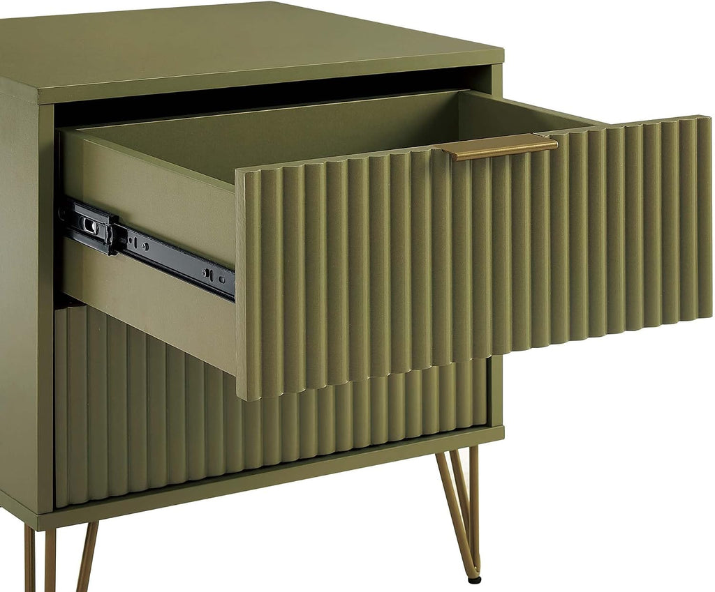 Manhattan Comfort Dumbo 2 Piece Dresser & Nightstand Set, Fluted Night Stand with Hairpin Gold Metal Legs & 3-Drawer Dresser, No Tool Assembly, Storage Cabinet for Bedroom, Living Room in Olive Green
