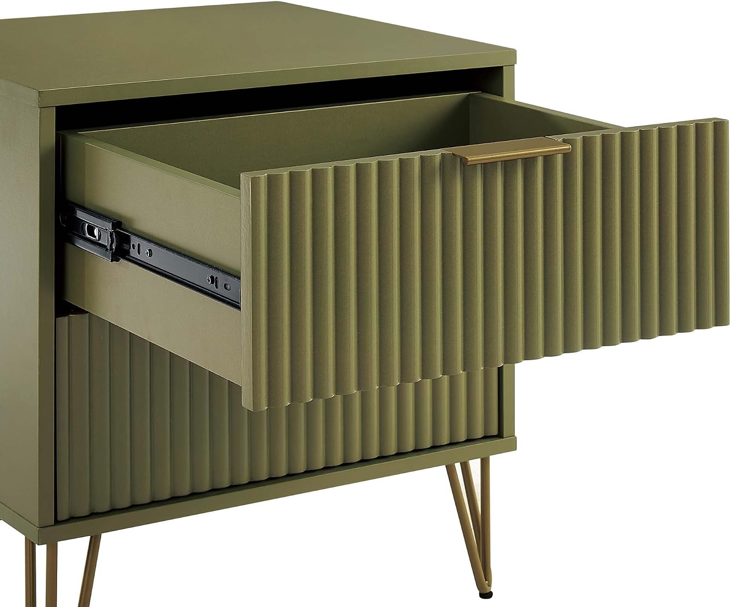 Manhattan Comfort Dumbo 2 Piece Dresser & Nightstand Set, Fluted Night Stand with Hairpin Gold Metal Legs & 3-Drawer Dresser, No Tool Assembly, Storage Cabinet for Bedroom, Living Room in Olive Green