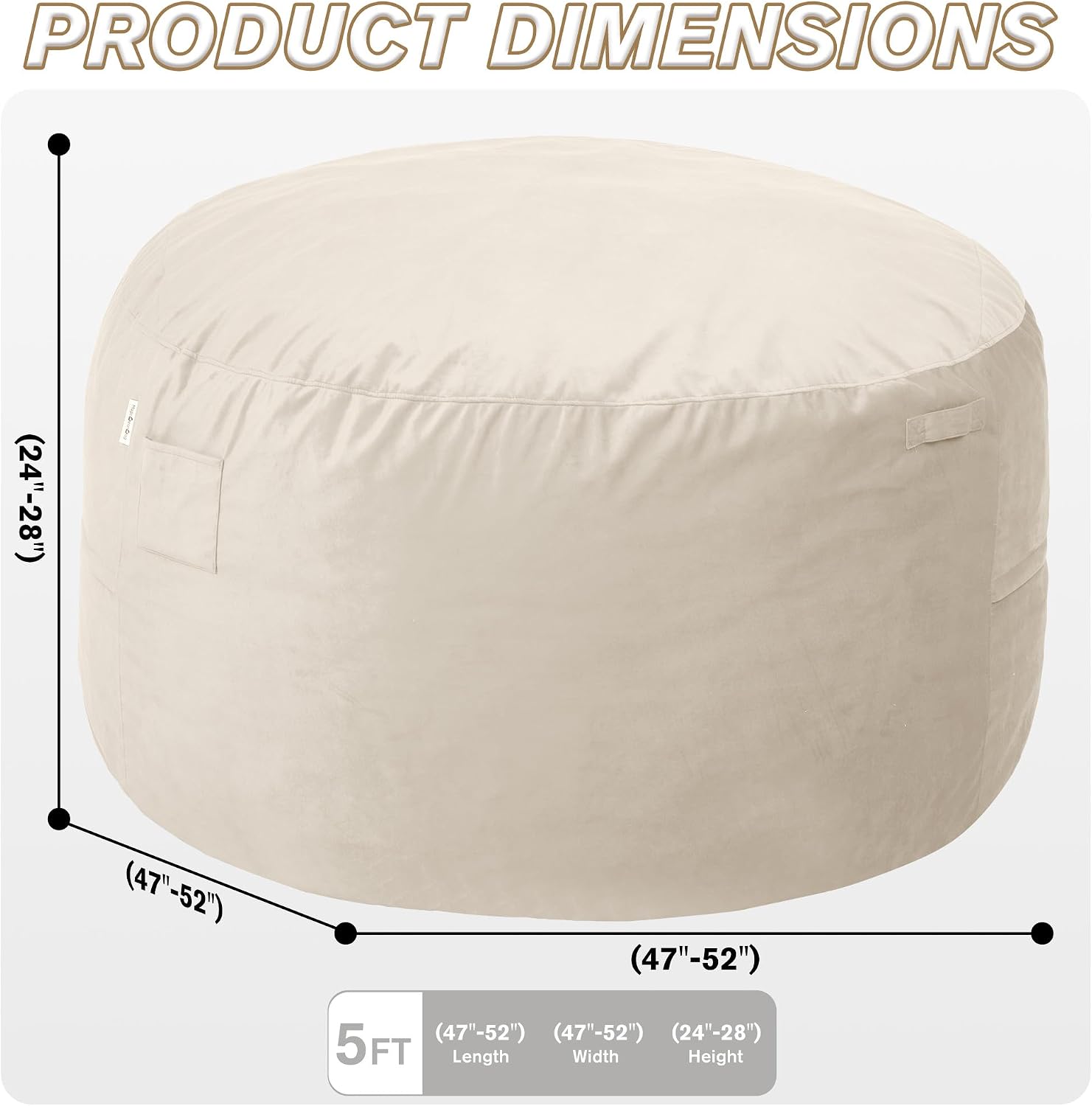 5FT Bean Bag Chair with Ultra Soft Velvet Cover Bean Bag Sofa with Memory Foam Bean Bag Chairs with Large Size Lazy Sofa for Dorm Office Living Room Bedroom Beige 5'
