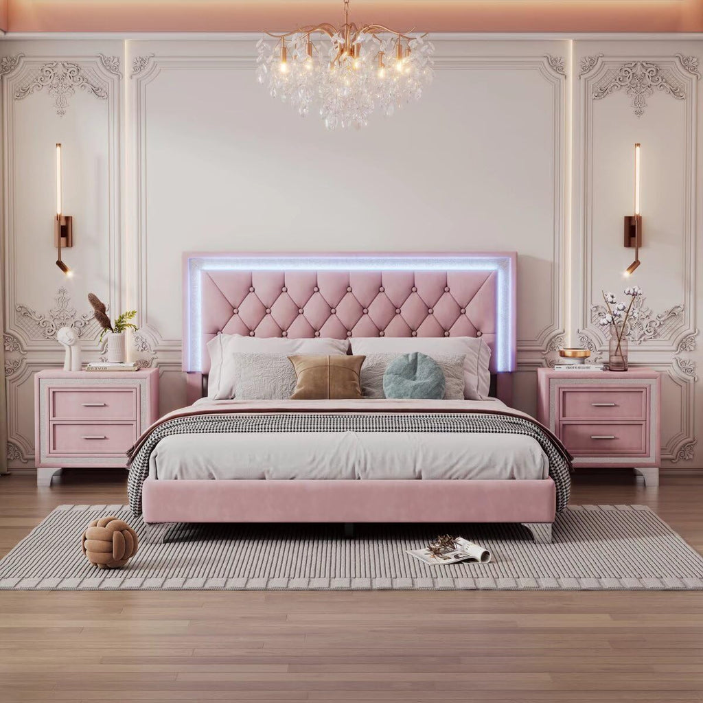 JIJIWANG 3-Pieces Bedroom Sets,Queen Size Upholstered Platform Bed with LED Lights and Two Nightstands for Bedroom,No Box Spring Needed/Easy Assembly (Pink,3-Pieces Queen)