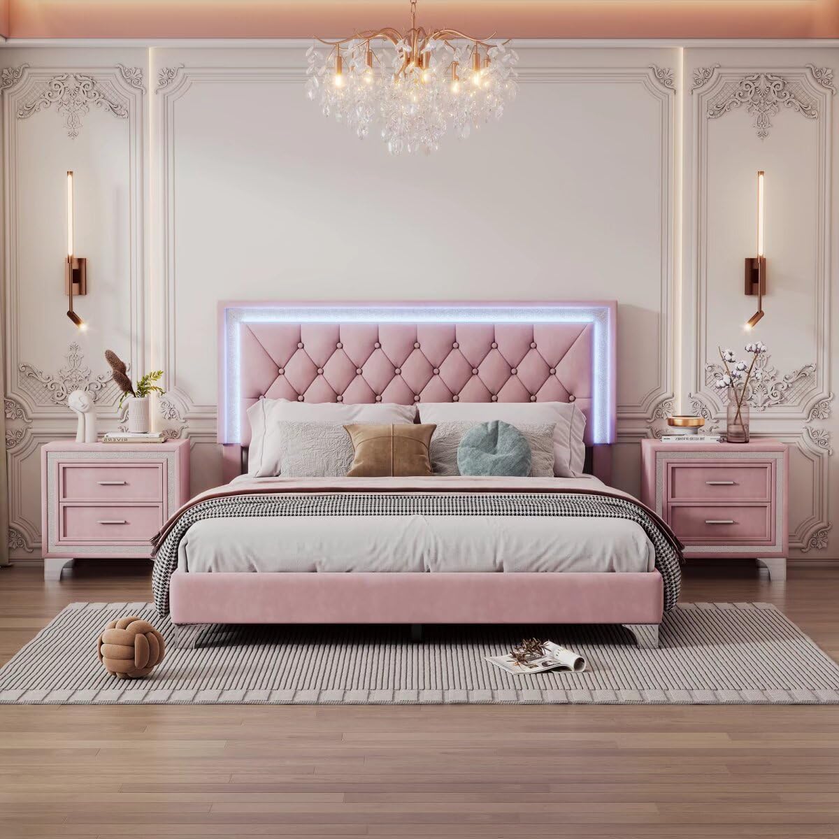 JIJIWANG 3-Pieces Bedroom Sets,Queen Size Upholstered Platform Bed with LED Lights and Two Nightstands for Bedroom,No Box Spring Needed/Easy Assembly (Pink,3-Pieces Queen)