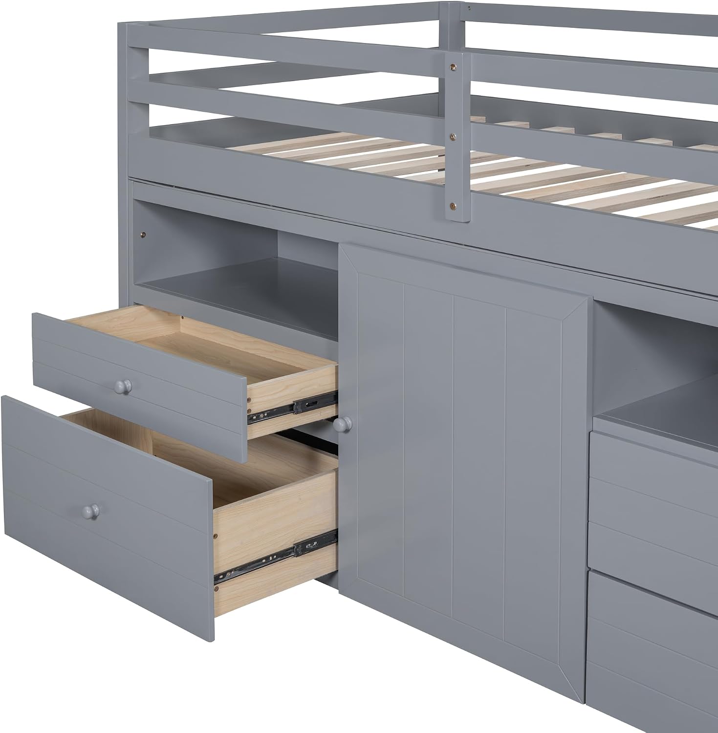 JIVOIT Twin Size Loft Bed with 4 Drawers, Underneath Cabinet and Shelves, Muti-Functional Loft Bed with Full-Length Guardrails and Ladder, Space-Saving Low Loft Bed for Kids Teens (Gray & 4 Drawers)