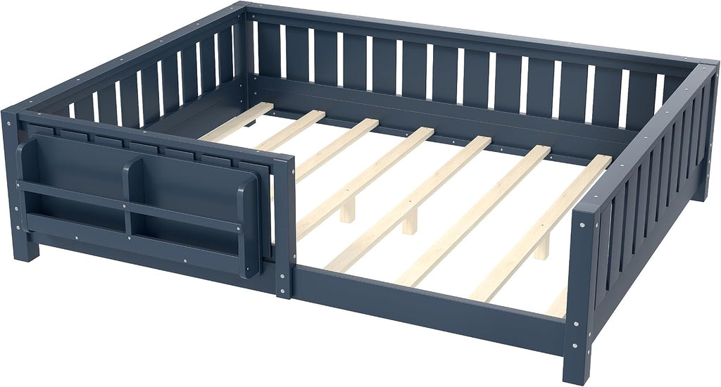 Bellemave Full Size Montessori Floor Bed with Slats and Fence, Full Size Montessori Bed with Rails and Bookcase, Easy Assemble Floor Beds Frame,Blue
