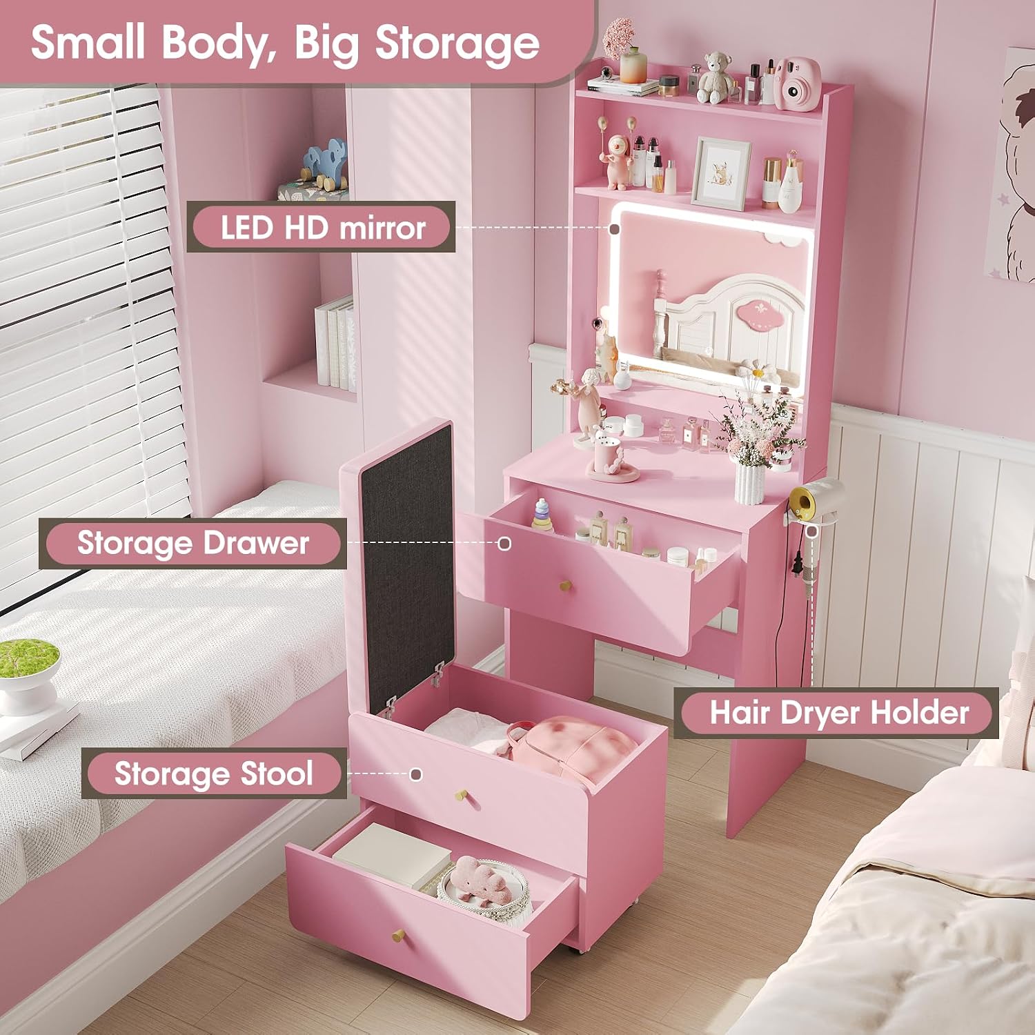 Vabches Small Vanity Desk Set with 3 Adjustable Lighted Mirror and Storage Chair, Vanity Set with Charger Station, Small Spaces Vanity Table for Bedroom，Pink