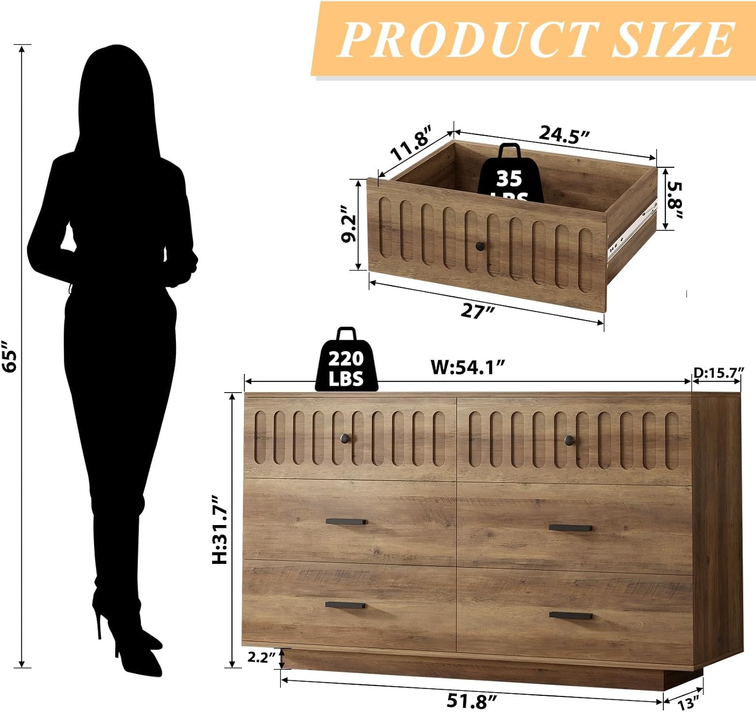 IBF Farmhouse Dresser for Bedroom Modern 6 Drawer Dresser Fluted Chest of Drawers Large Wood Closet Dressers with Anti-Tipping Design for Bedroom, Living Room, Hallway, Entryway, Nursery, Rustic Oak