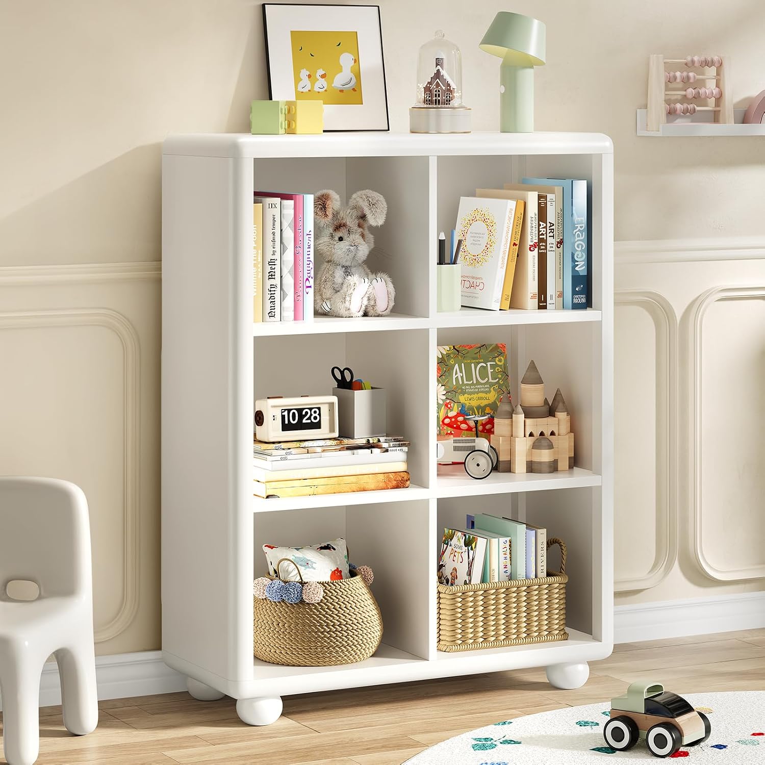 Kids Bookshelf, Large Wooden Bookcase with 6 Cube Storage, Girl Toy Storage Organizer Cabinet with Child Safe Paint&Thick Board, Boy Tall Book Shelves Nook for Office Playroom Living Room(White)